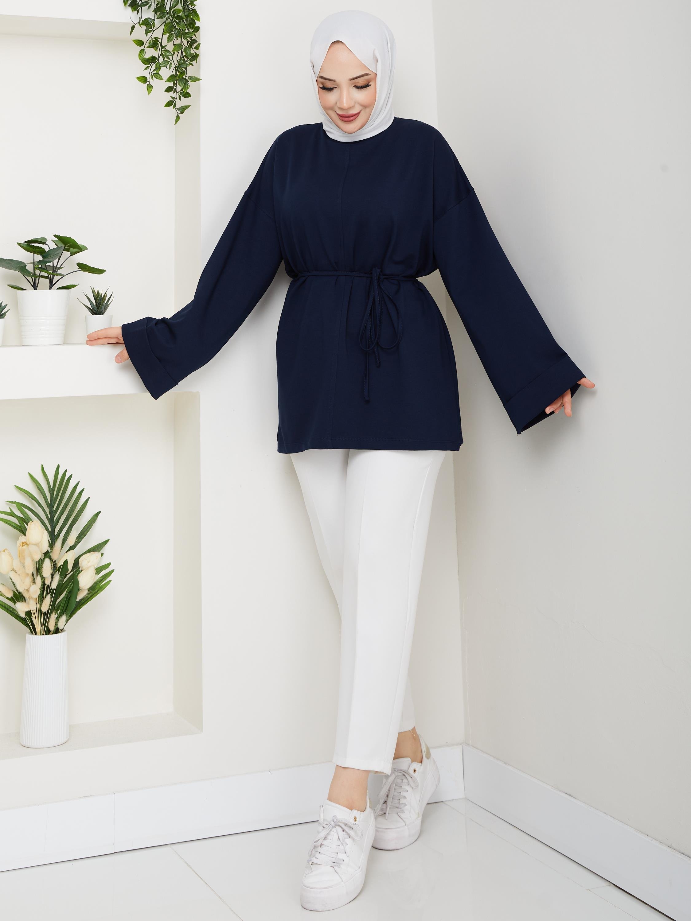 Lina Oversize Sweatshirt Yandan Yırtmaçlı Kuşaklı Model | Lacivert
