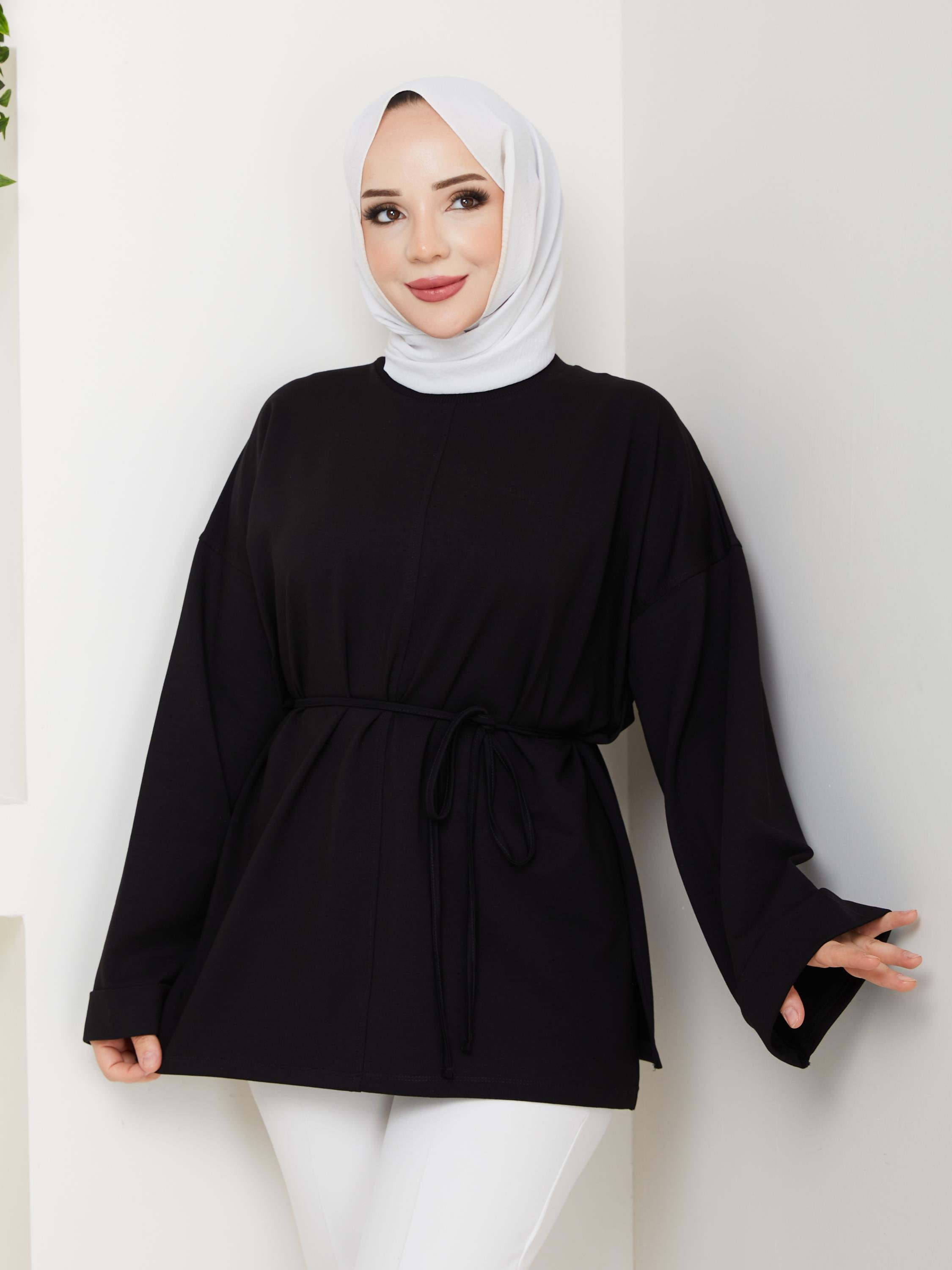 Lina Oversize Sweatshirt Yandan Yırtmaçlı Kuşaklı Model | Siyah
