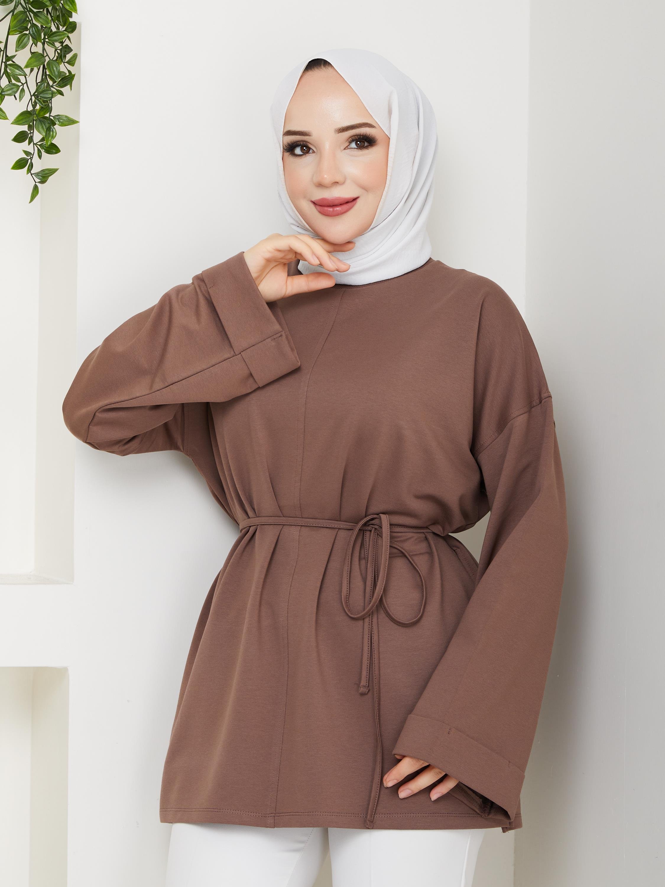 Lina Oversize Sweatshirt Yandan Yırtmaçlı Kuşaklı Model | Kahverengi