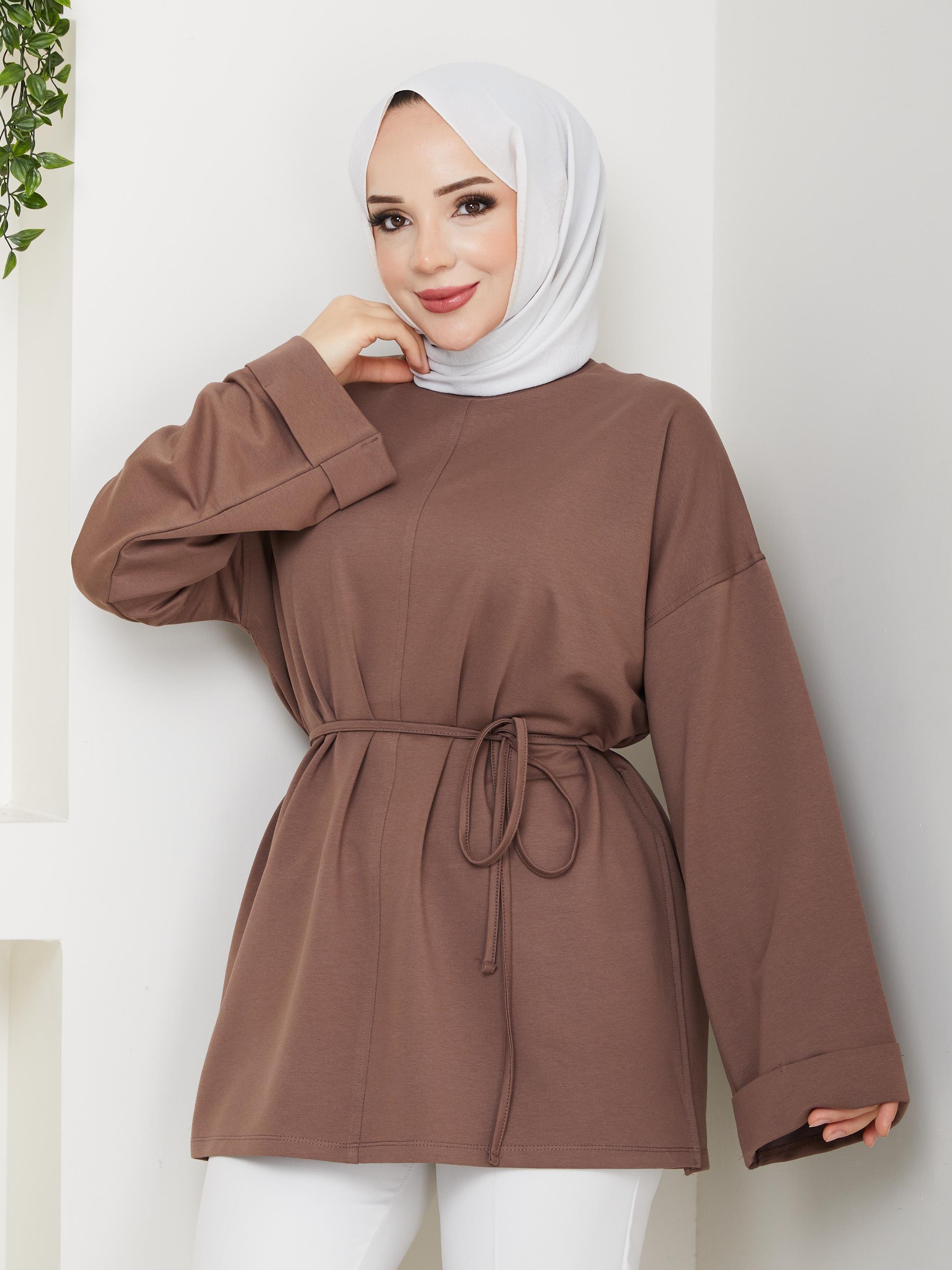 Lina Oversize Sweatshirt Yandan Yırtmaçlı Kuşaklı Model | Kahverengi