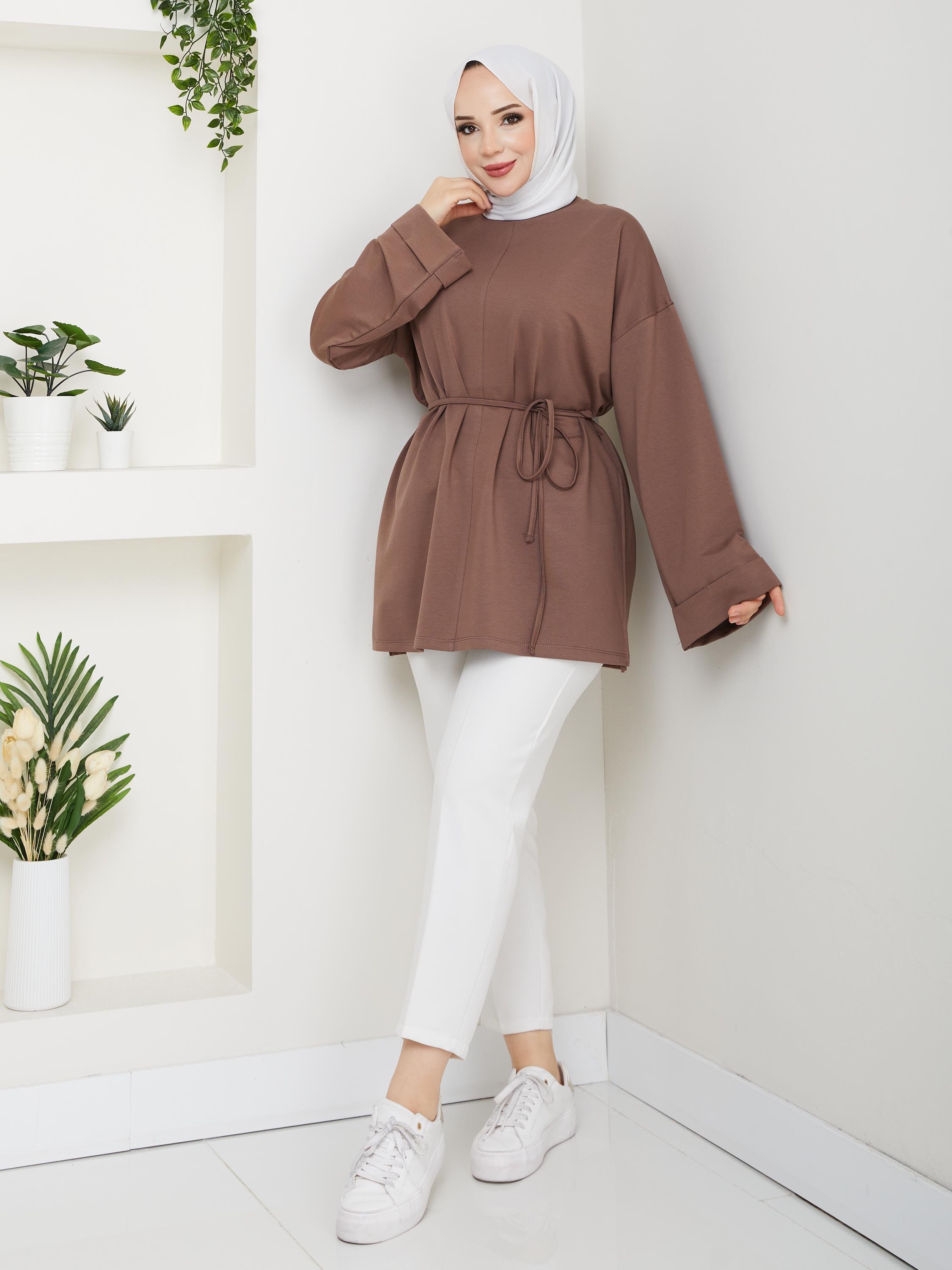 Lina Oversize Sweatshirt Yandan Yırtmaçlı Kuşaklı Model | Kahverengi