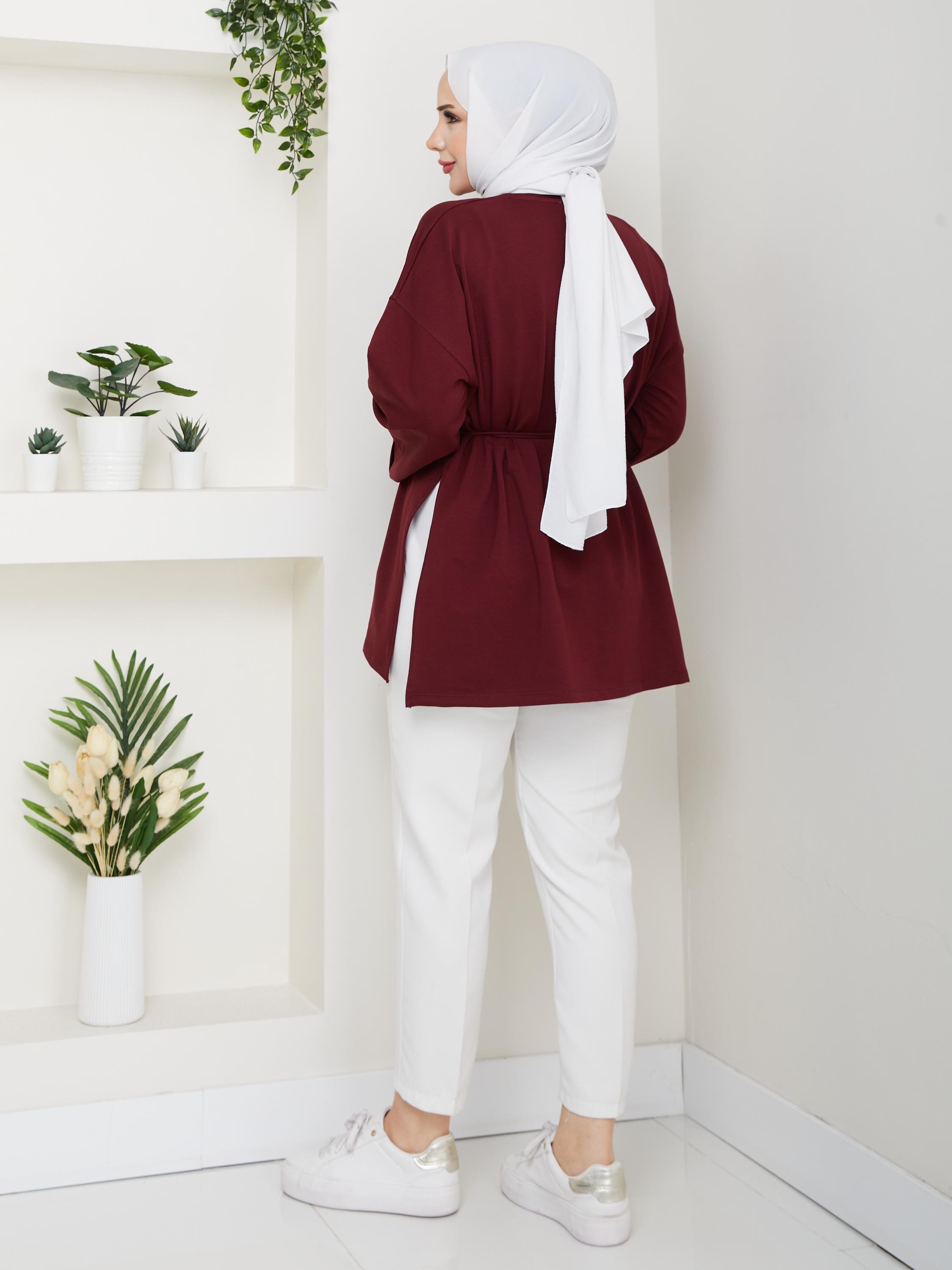 Lina Oversize Sweatshirt Yandan Yırtmaçlı Kuşaklı Model | Bordo