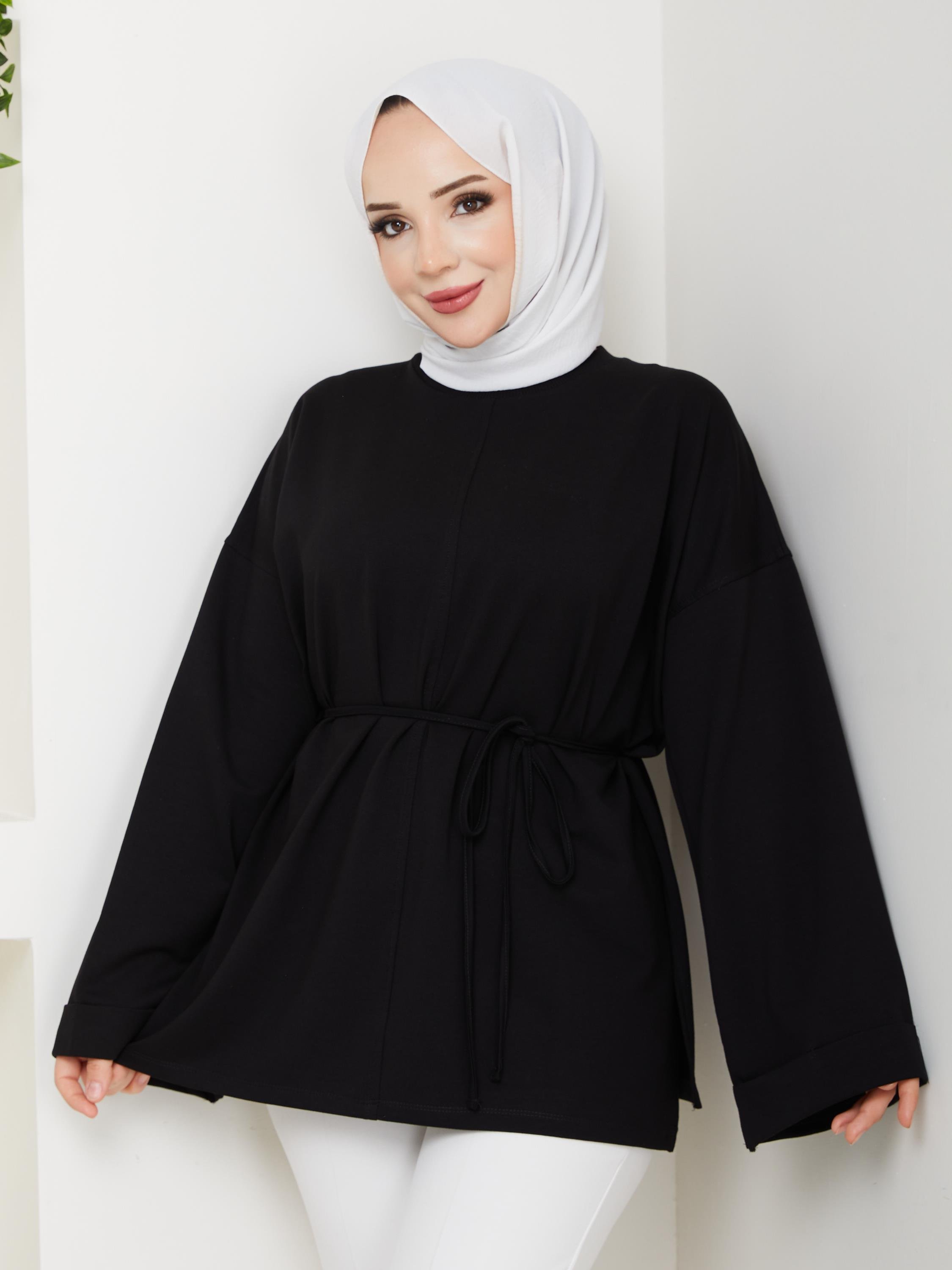 Lina Oversize Sweatshirt Yandan Yırtmaçlı Kuşaklı Model | Siyah