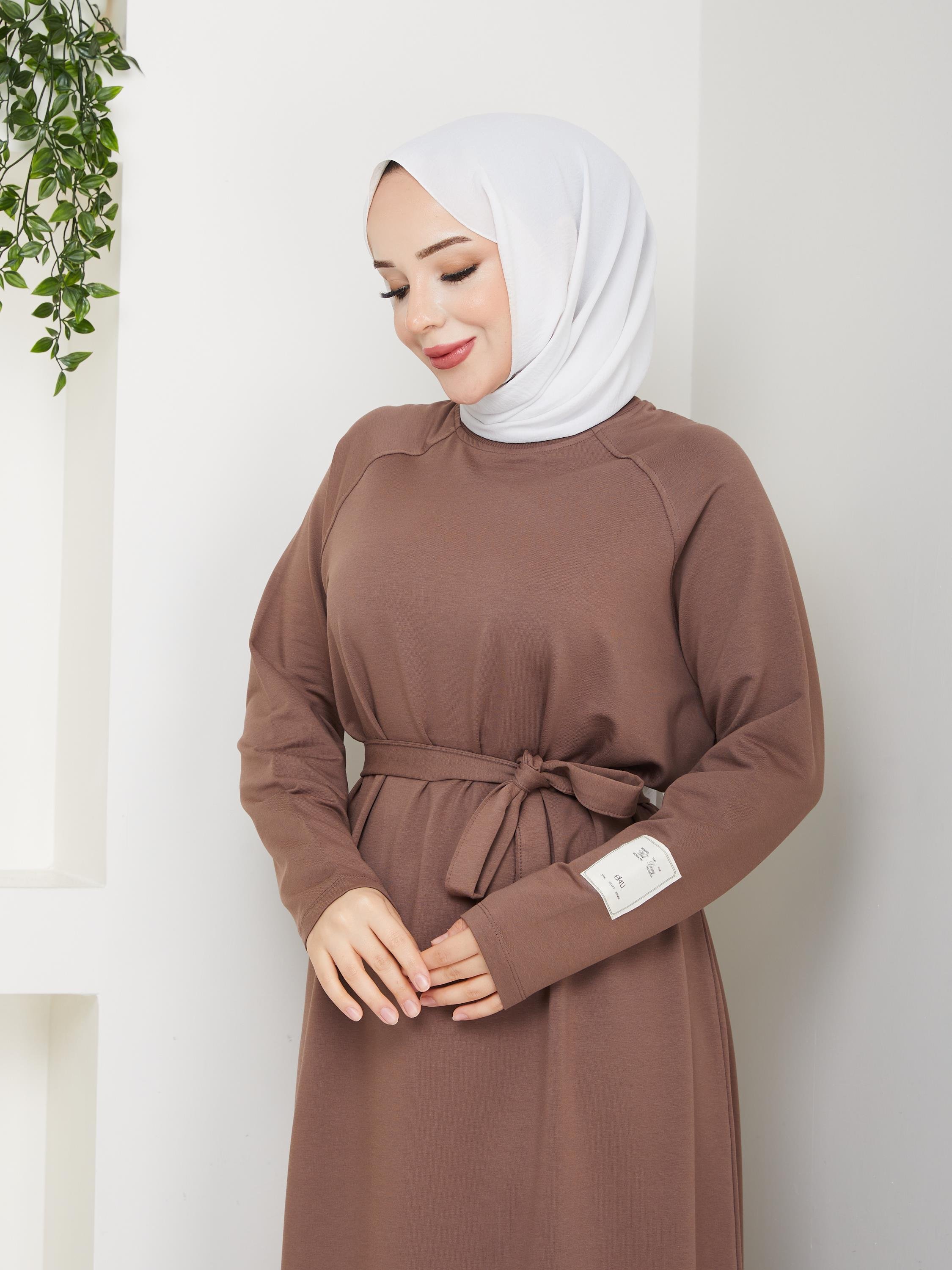 Oversize İki İplik Sweat Elbise | Kahverengi