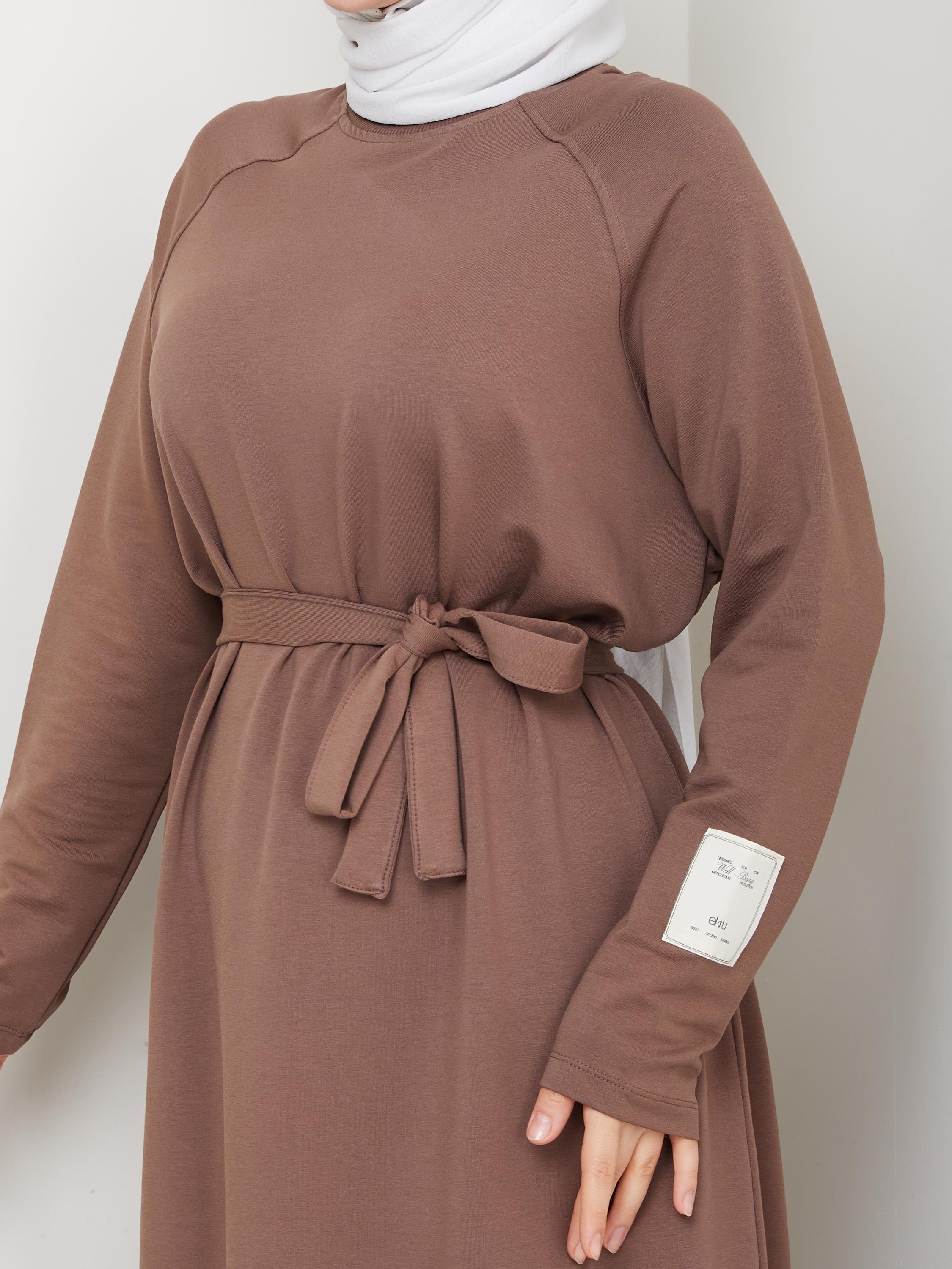 Oversize İki İplik Sweat Elbise | Kahverengi