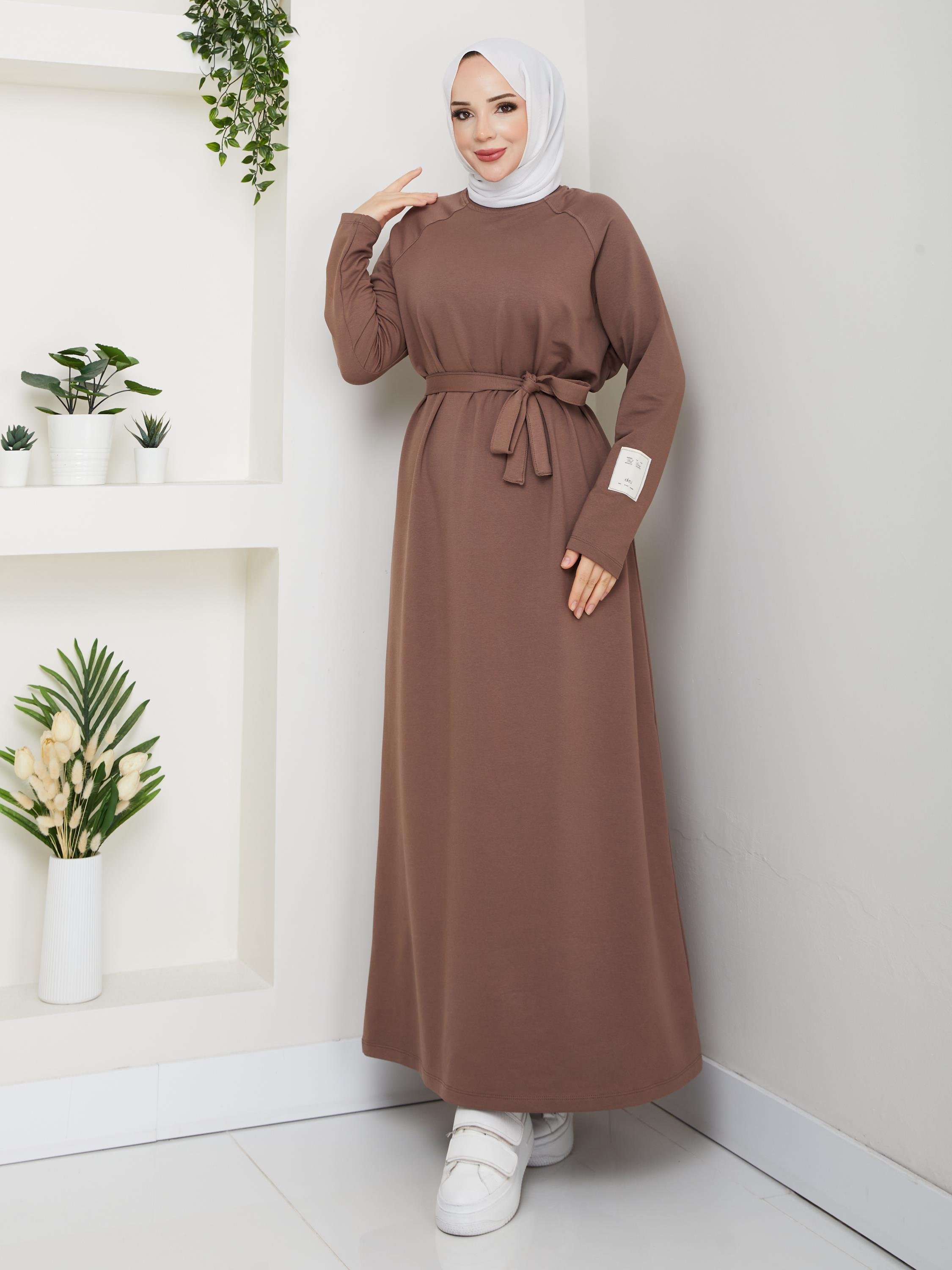 Oversize İki İplik Sweat Elbise | Kahverengi
