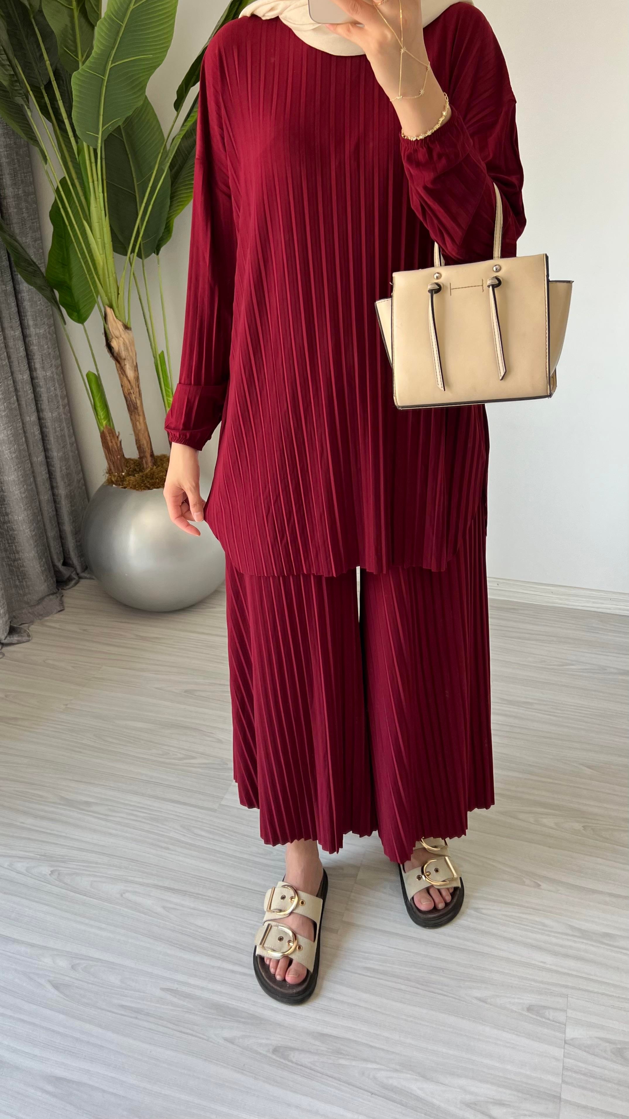 Pliseli Sandy Pantolon Takım | Bordo
