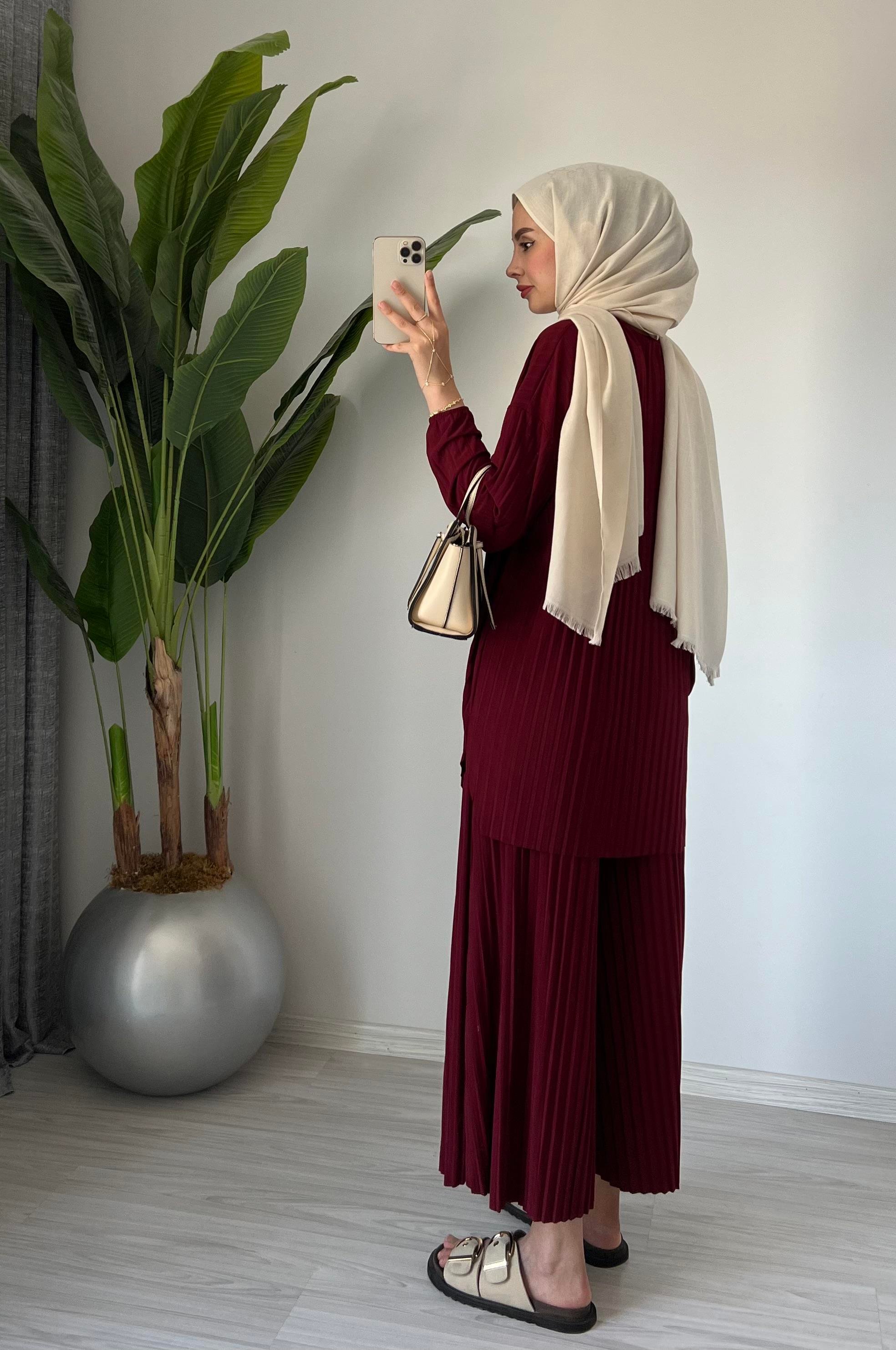 Pliseli Sandy Pantolon Takım | Bordo