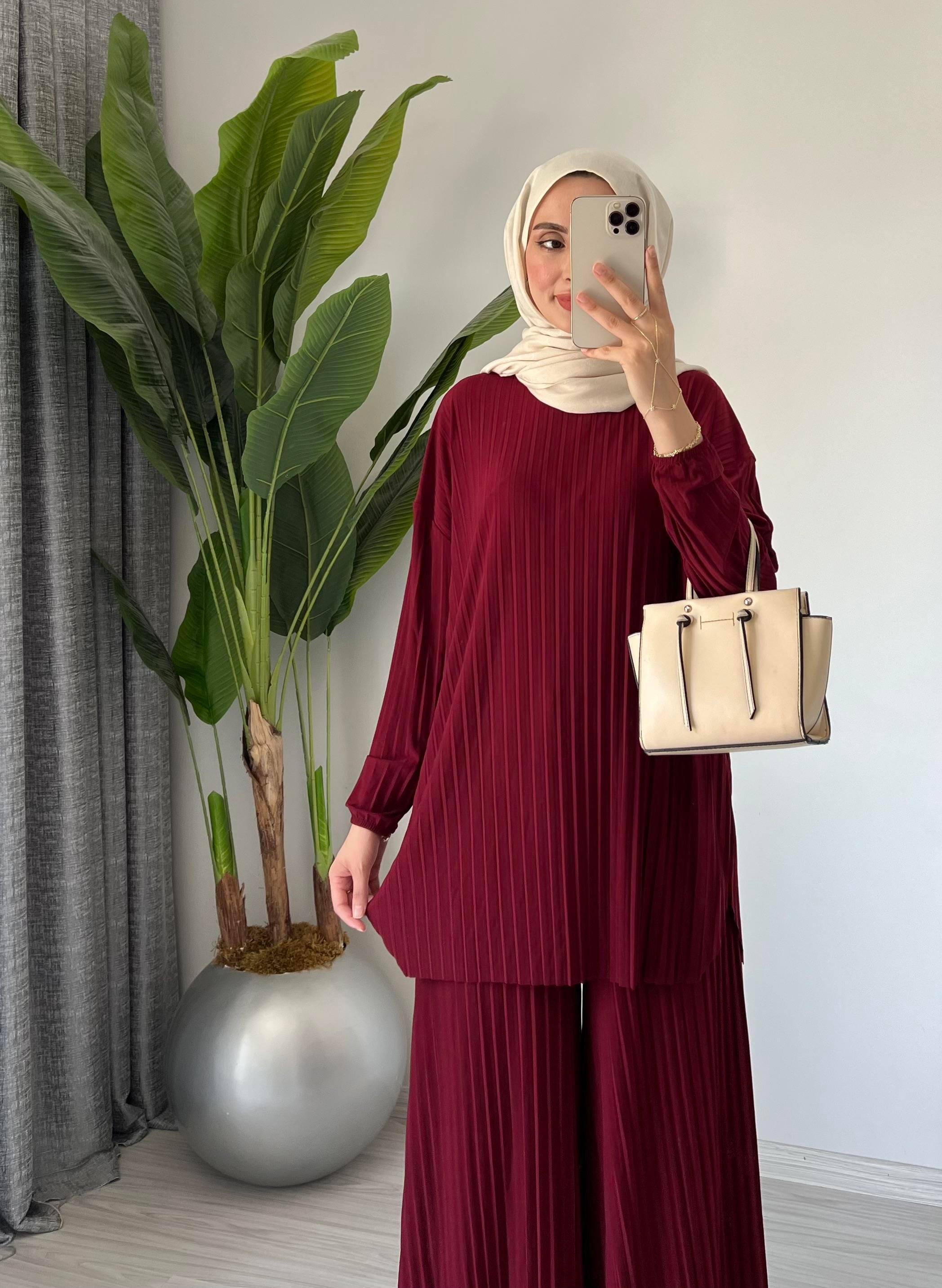 Pliseli Sandy Pantolon Takım | Bordo