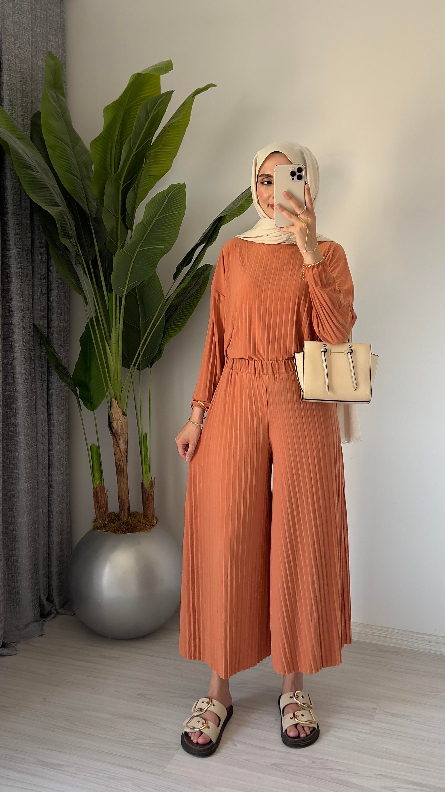 Pliseli Sandy Pantolon Takım | Turuncu