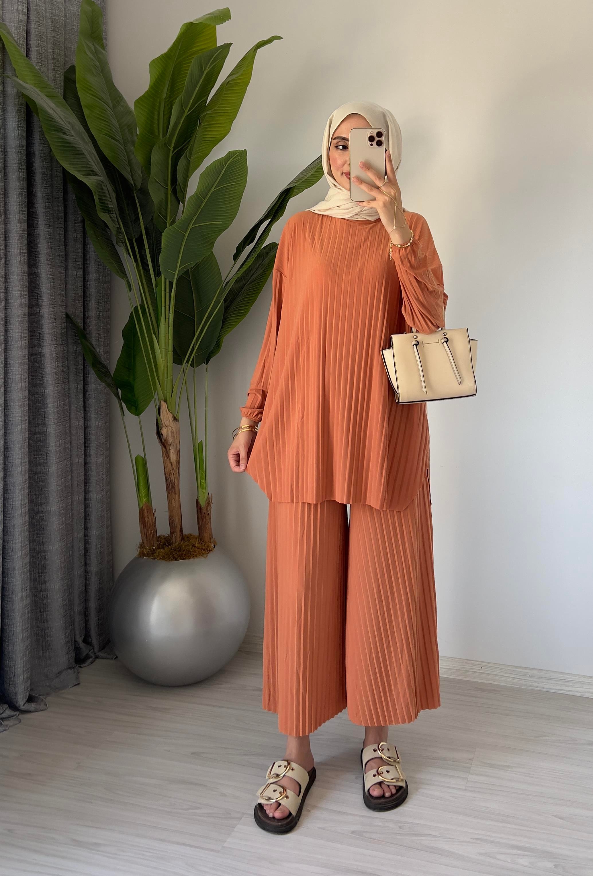 Pliseli Sandy Pantolon Takım | Turuncu