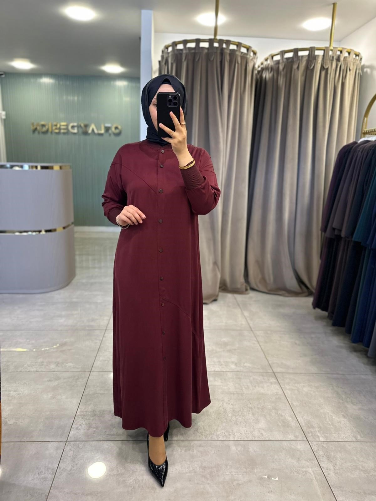 Defrina Boydan Düğmeli Tensel Elbise Bordo 41042