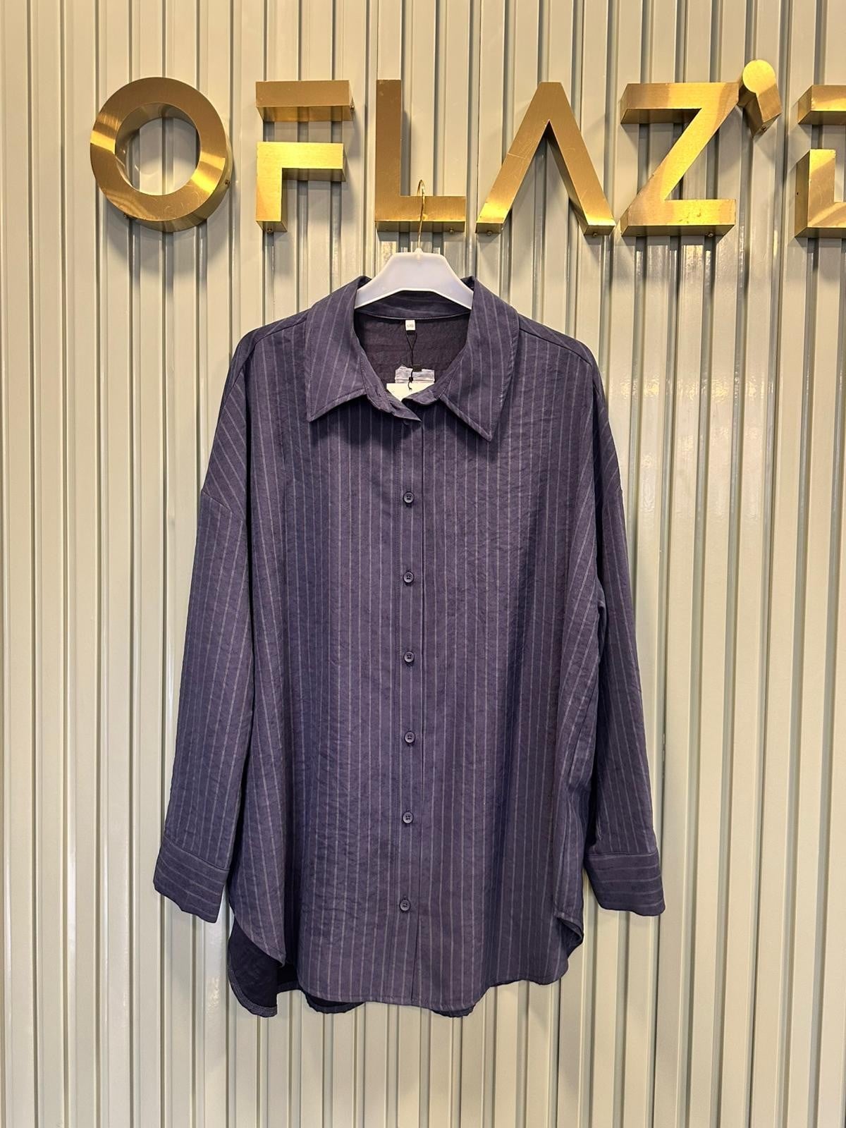 İkoll Çizgili Oversize Gömlek Lacivert 36222