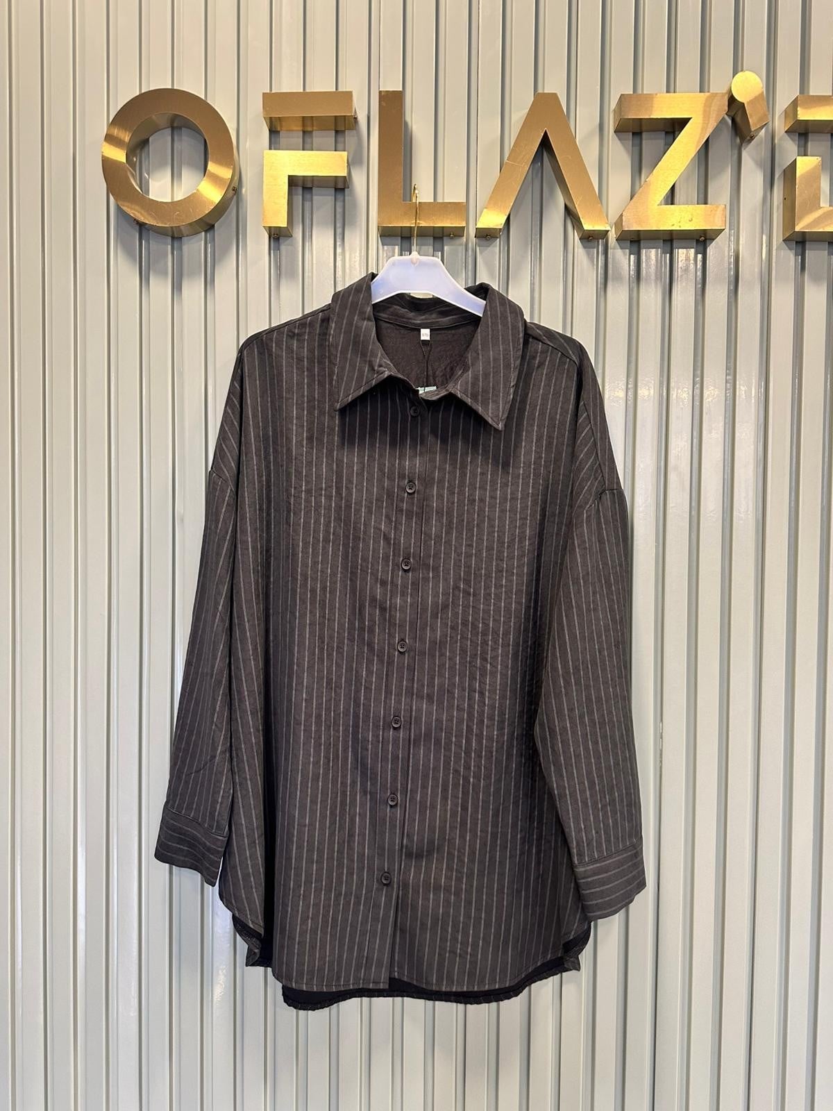 İkoll Çizgili Oversize Gömlek Siyah 36222
