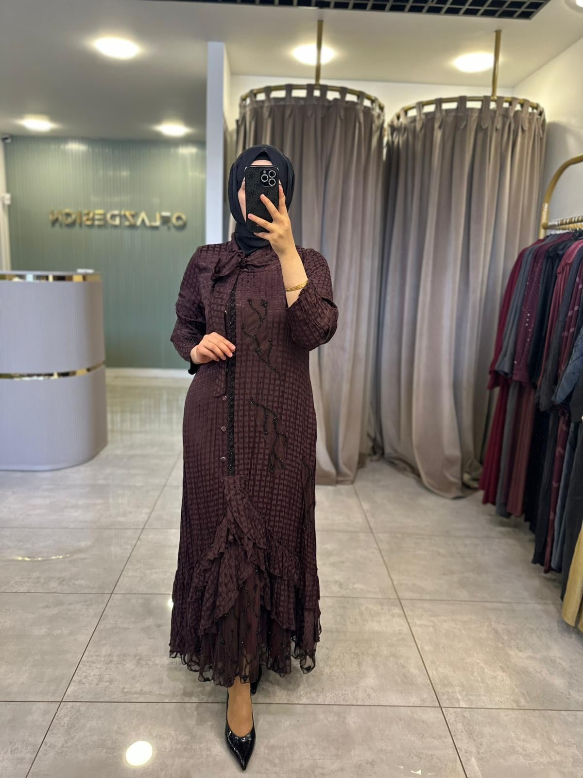 LissMore Eteği Kat Kat Jakar Elbise Bordo 5747