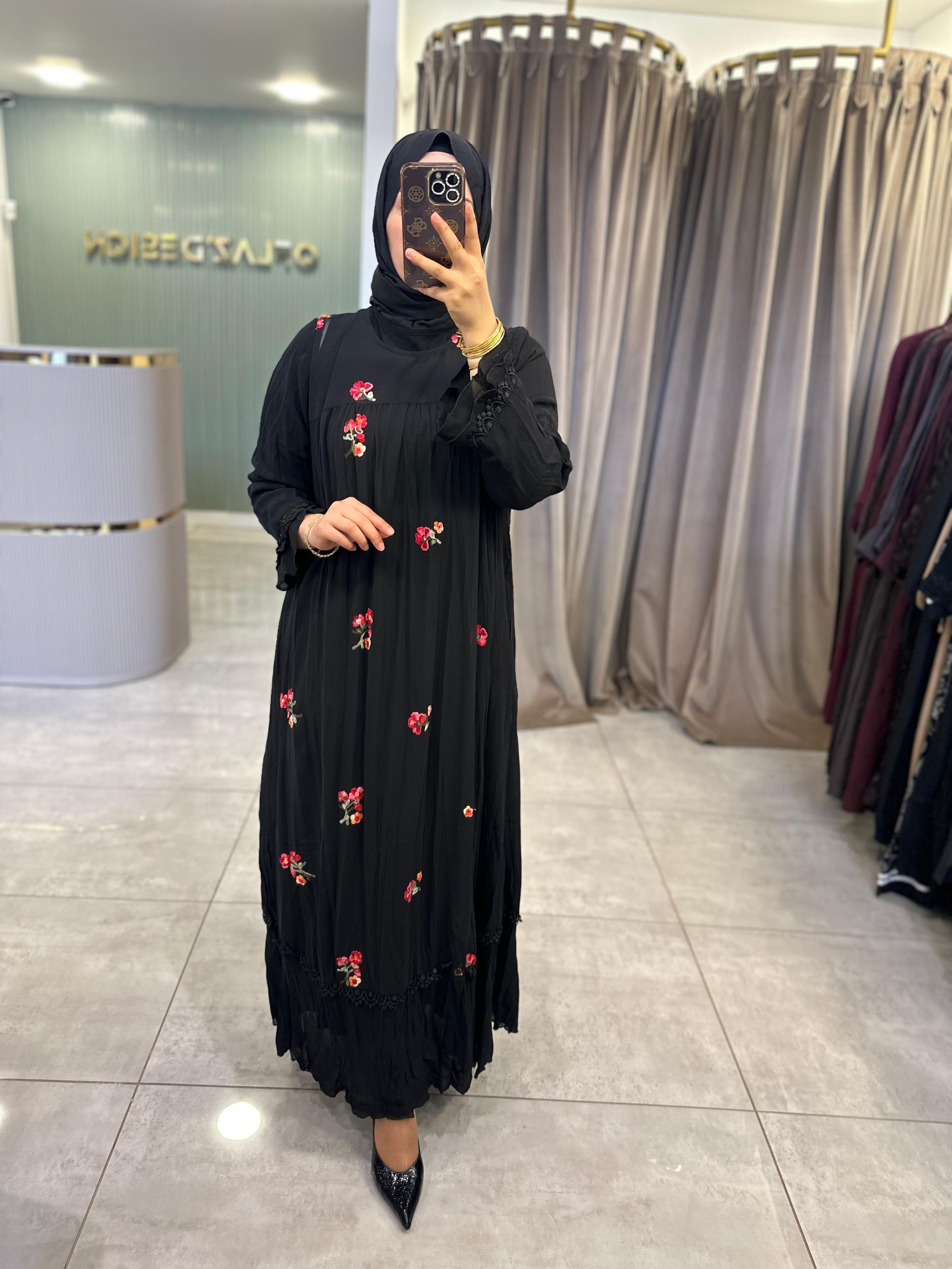 LissMore Flower Desen Elbise Siyah 5894