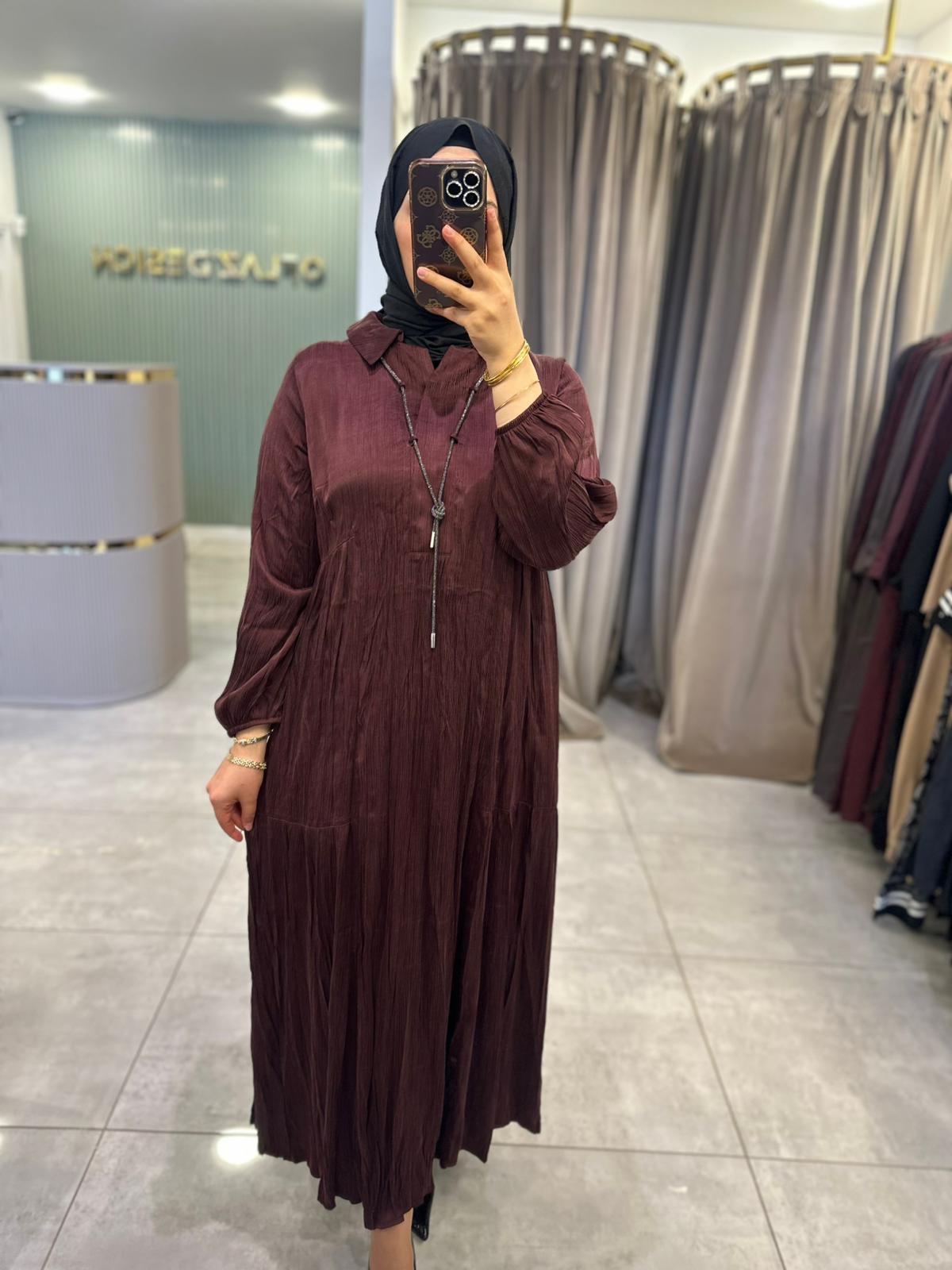 LissMore Kolye Detay Kırışık İpek Elbise Burgundy ( Bordo ) 5793
