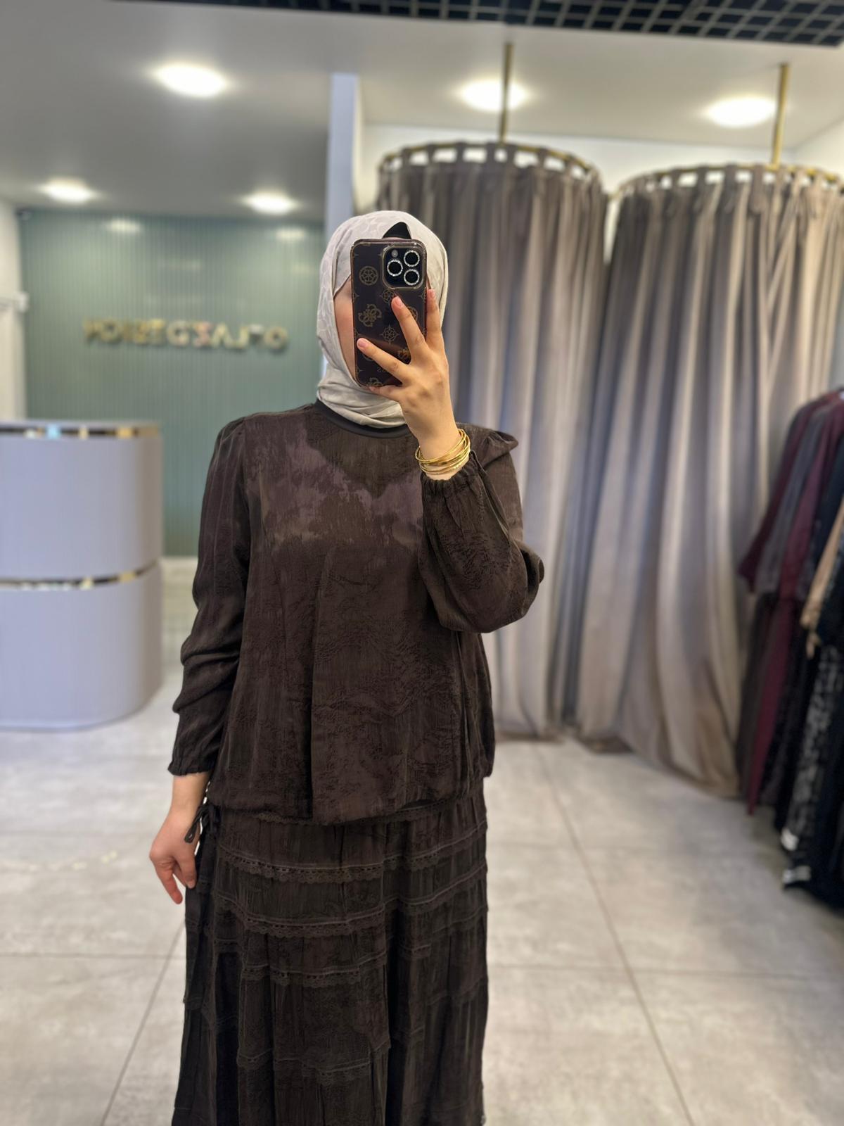 Misswhence Cupro Dantelli Etek Takım Kahverengi 38025