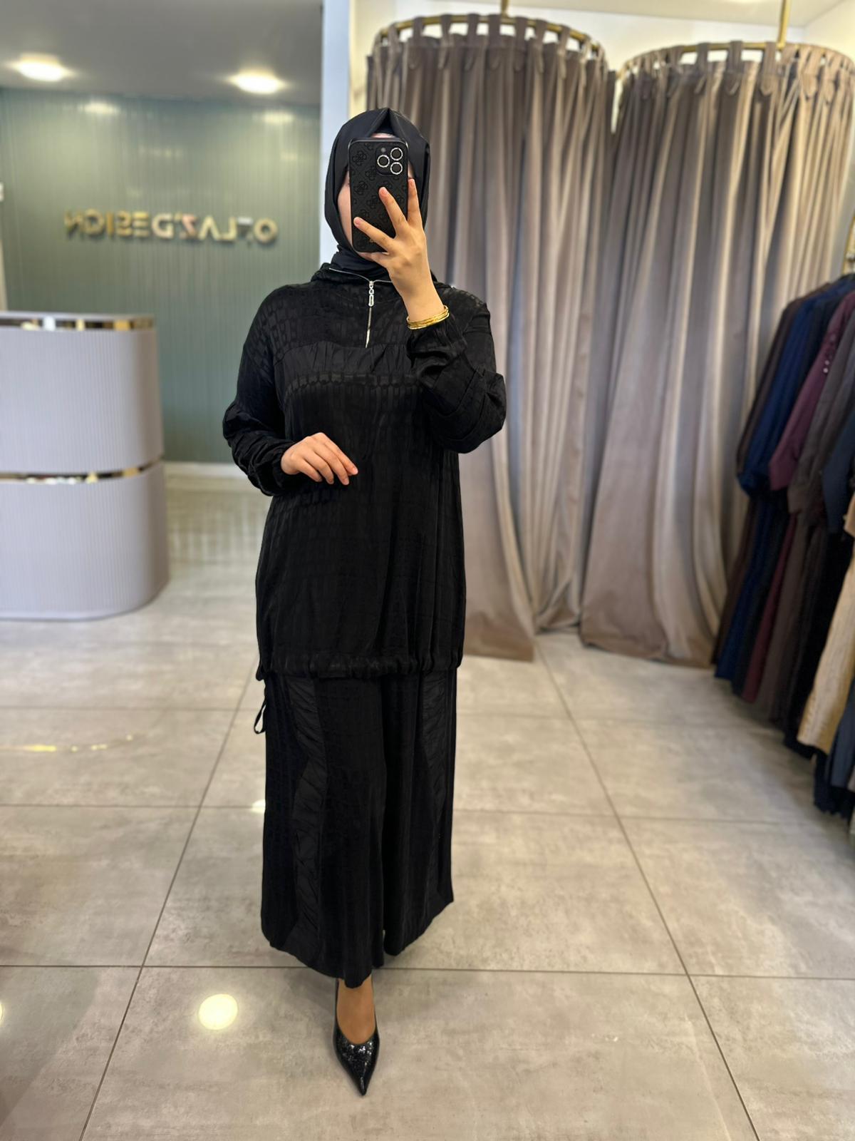 Misswhence Desenli İpek Tunik Pantolon Takım Siyah 38034