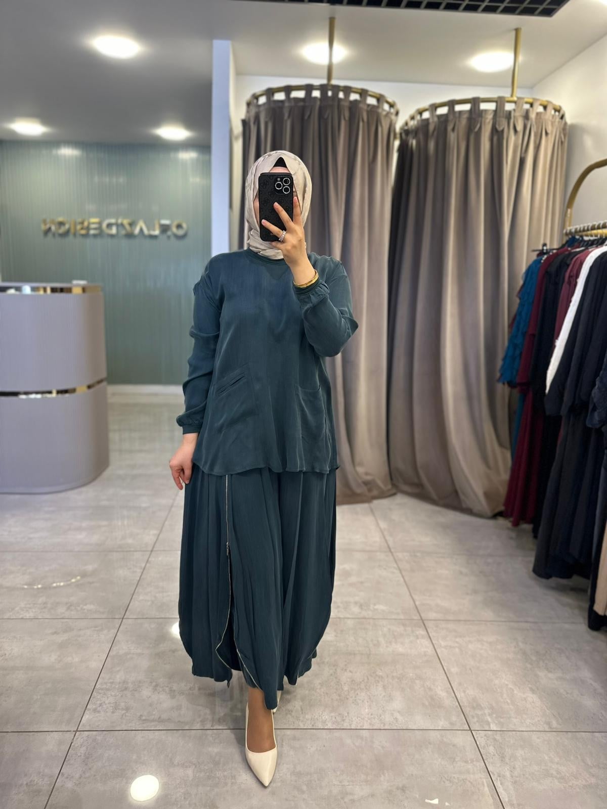 MissWhence Fermuar Detaylı Şalvarlı İpek Takım Yeşil 39004 