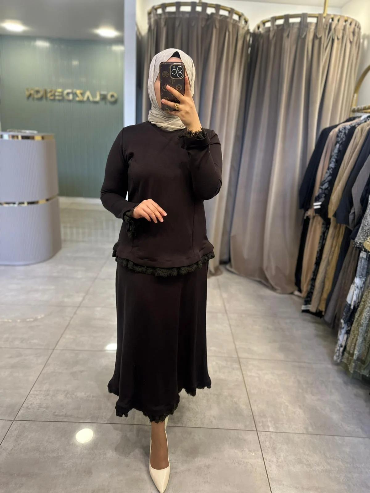 Misswhence Güpür Detaylı Etek Takım Kahverengi 38004