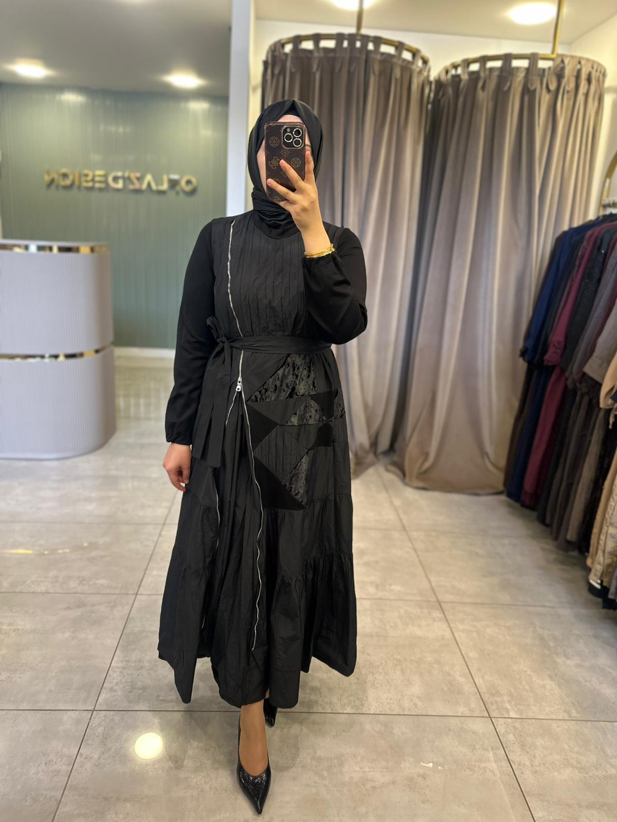 Misswhence Tafta Patchwork Elbise Siyah 38813