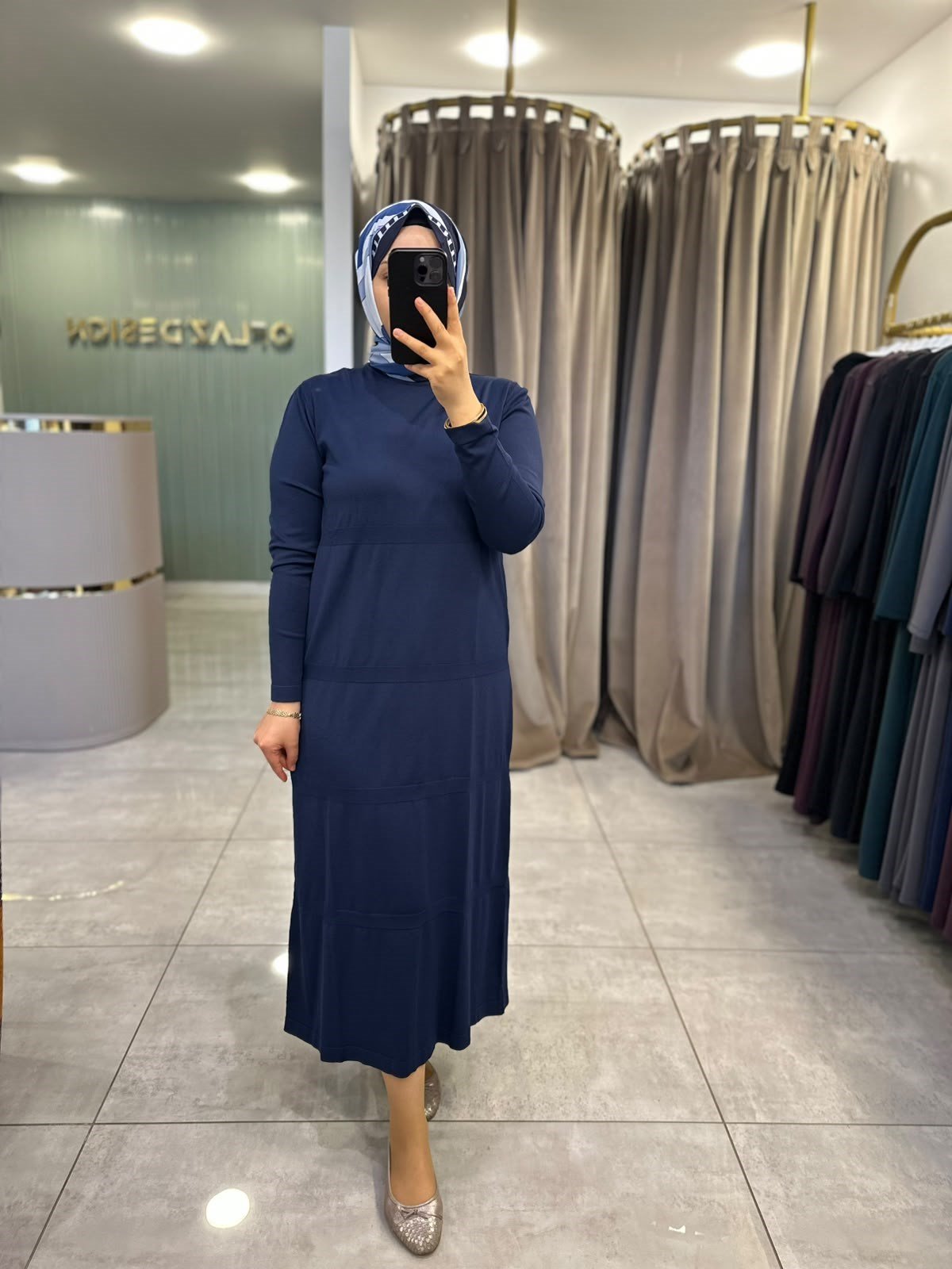 Nuss Kendinden Çizgili Triko Elbise Lacivert 27K 800