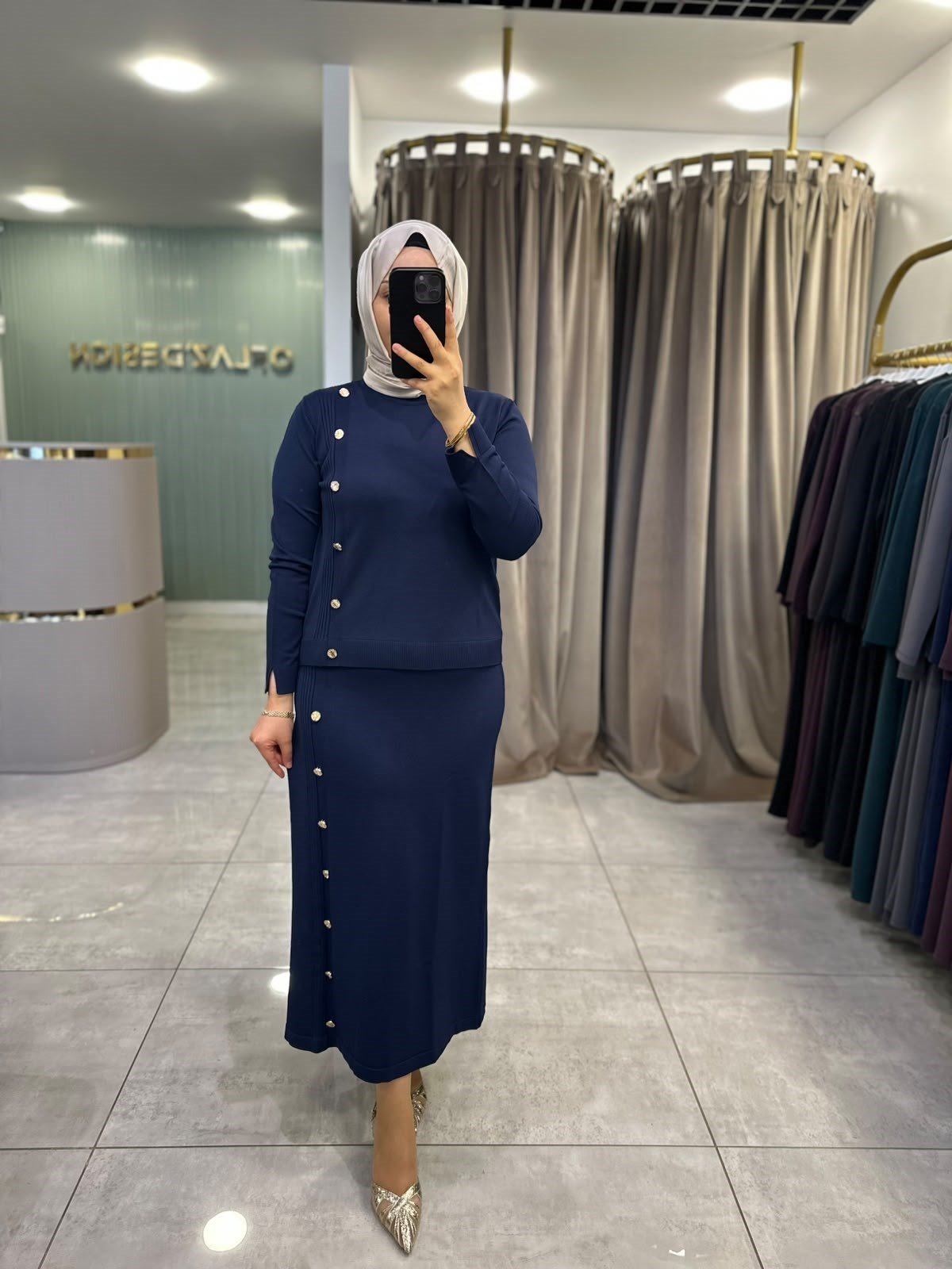 Nuss Yandan Düğmeli Triko Etekli Takım Lacivert 27K 704