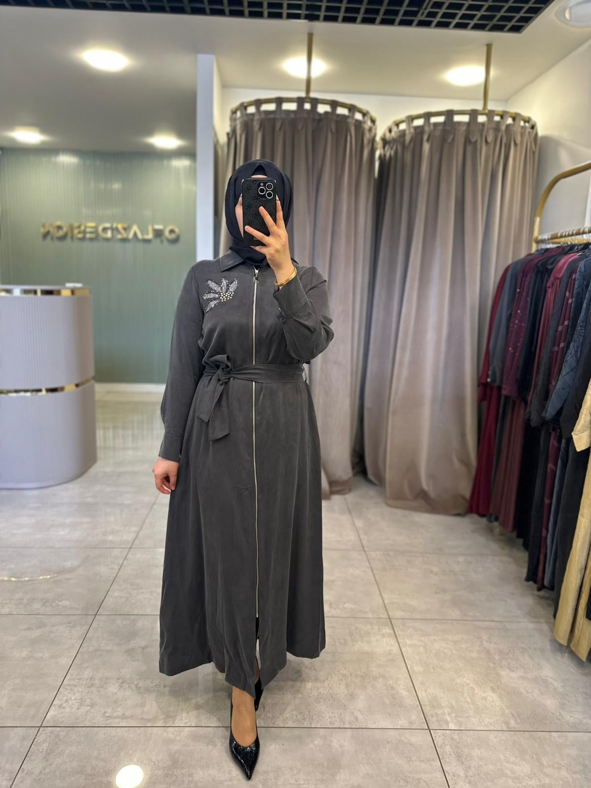 Wennora Boydan Fermuarlı İpek Qupra Elbise Siyah 1030