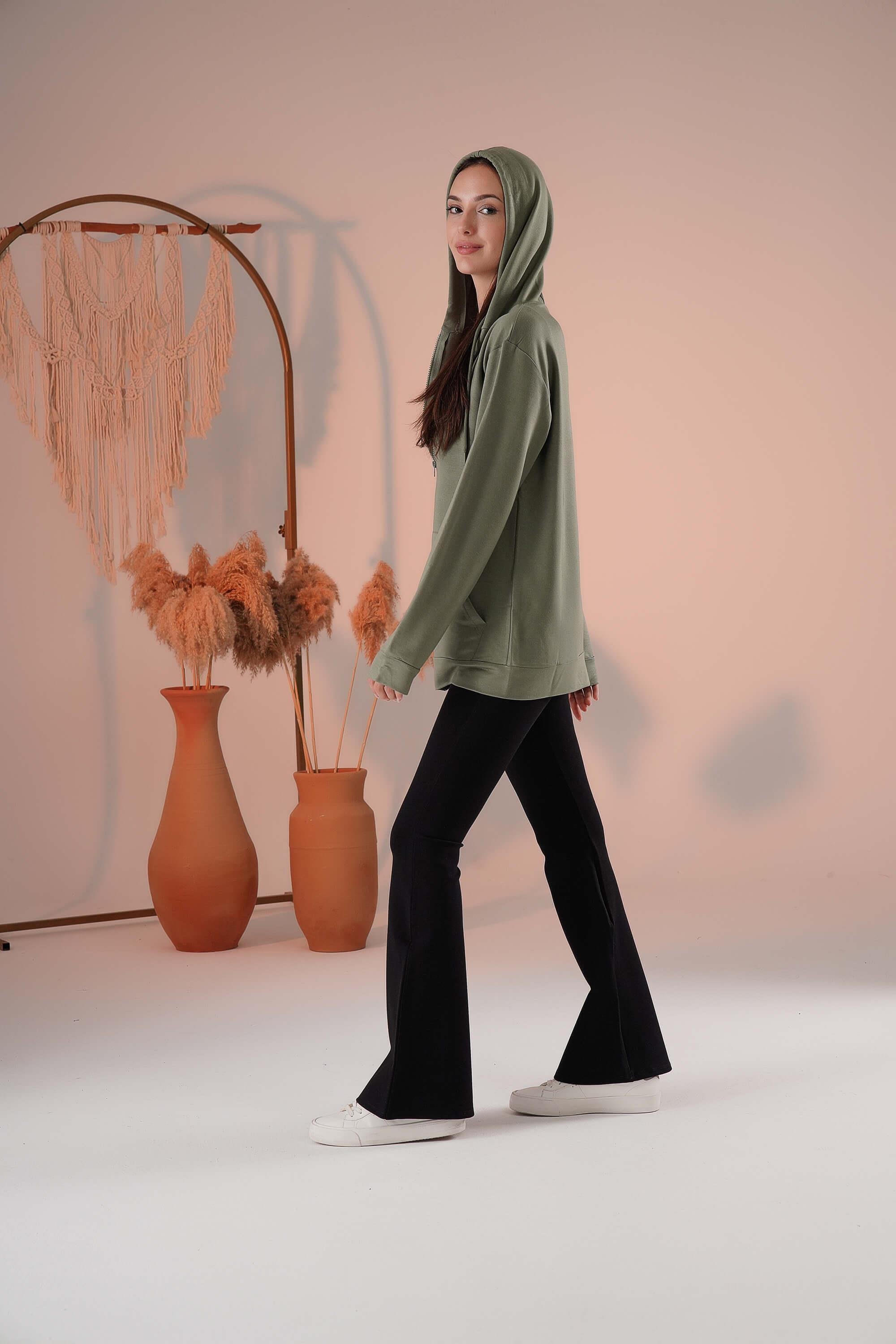 Fermuarlı Cepli Kapşonlu Modal Sweatshirt