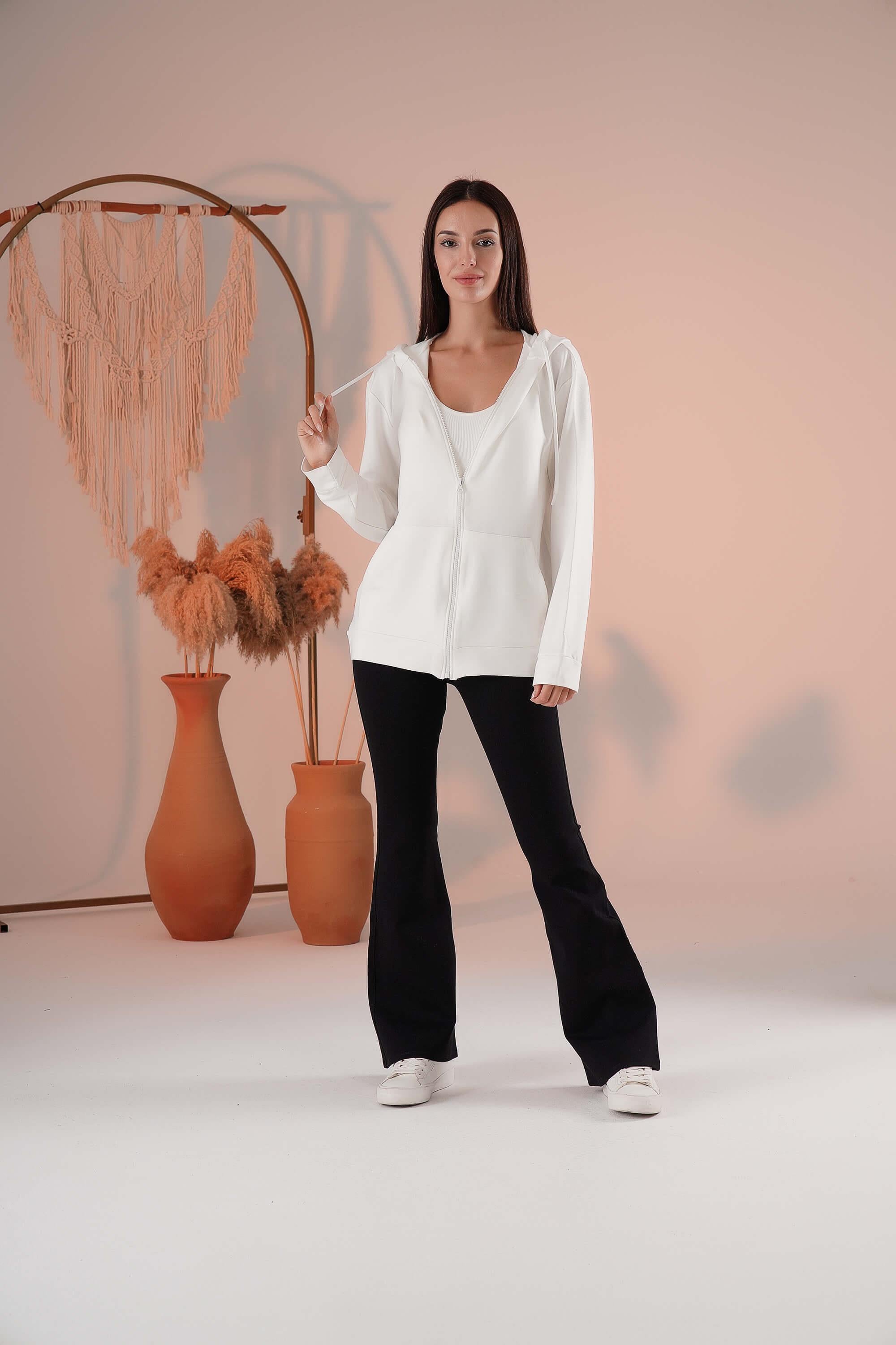 Fermuarlı Cepli Kapşonlu Modal Sweatshirt