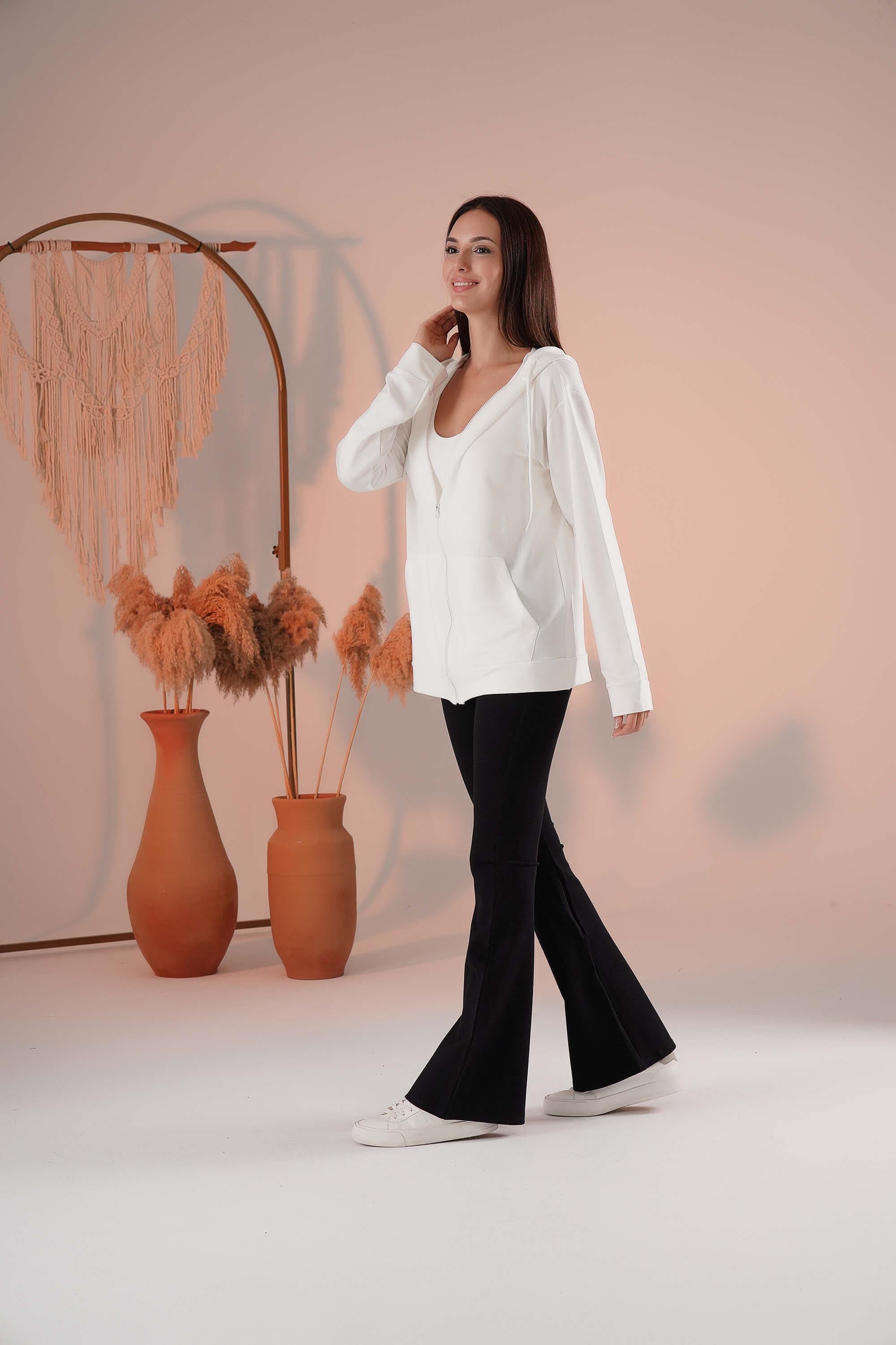 Fermuarlı Cepli Kapşonlu Modal Sweatshirt
