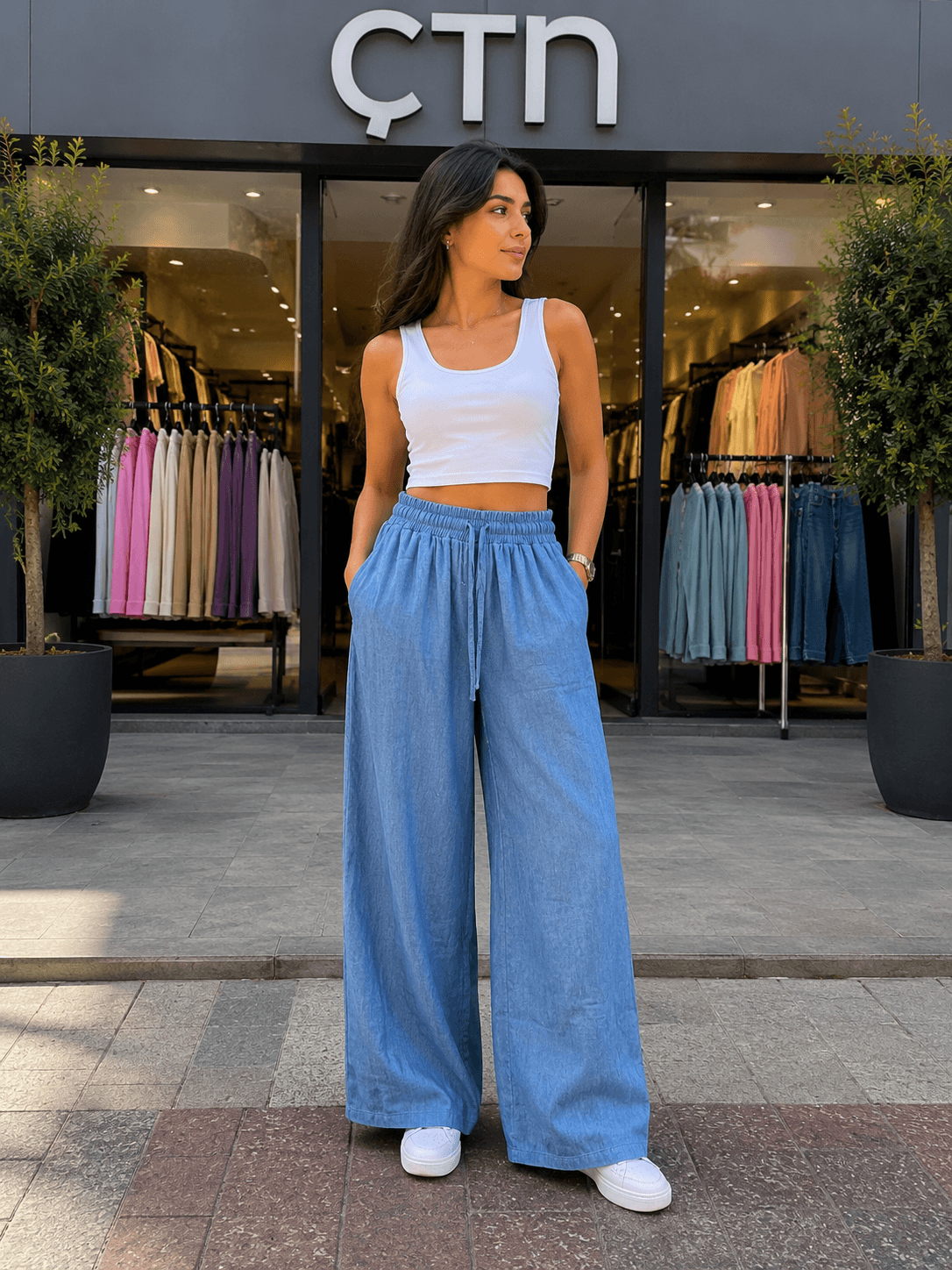 Tencel Kumaş Bol Paça Pantolon 