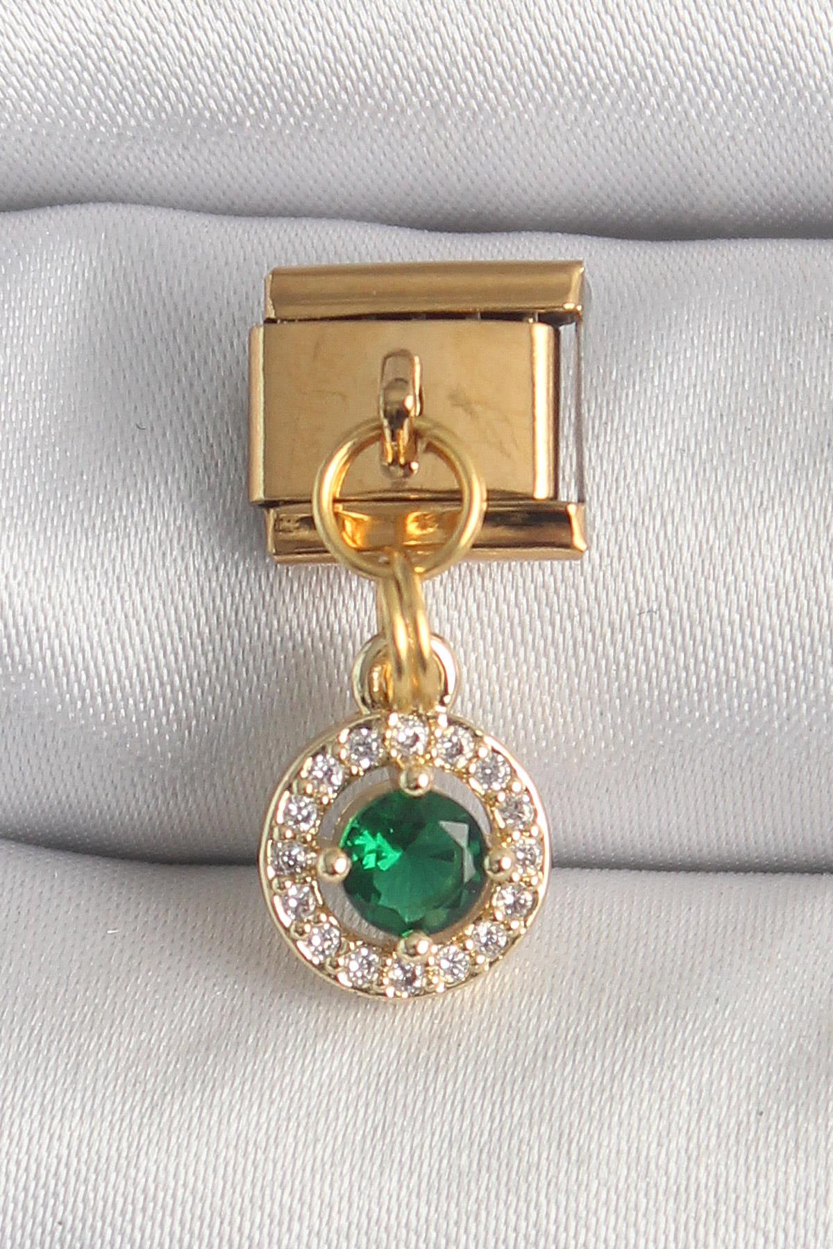 316L Çelik Gold Renk Sallantı Yeşil Zirkon Taşlı Nomination Charm