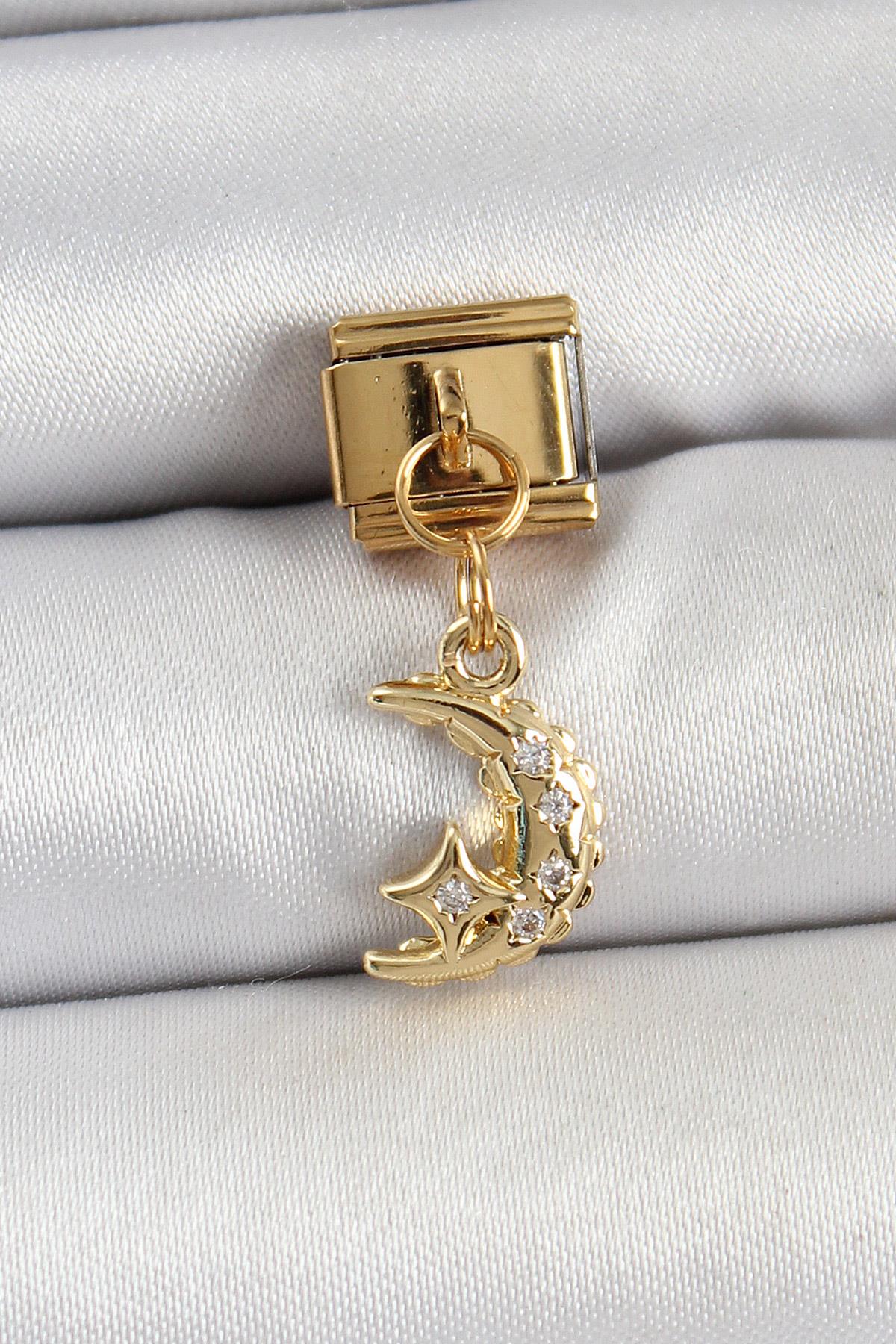 316L Çelik Sallantılı Zirkon Taşlı Ay Model Gold Renk Nomination Charm