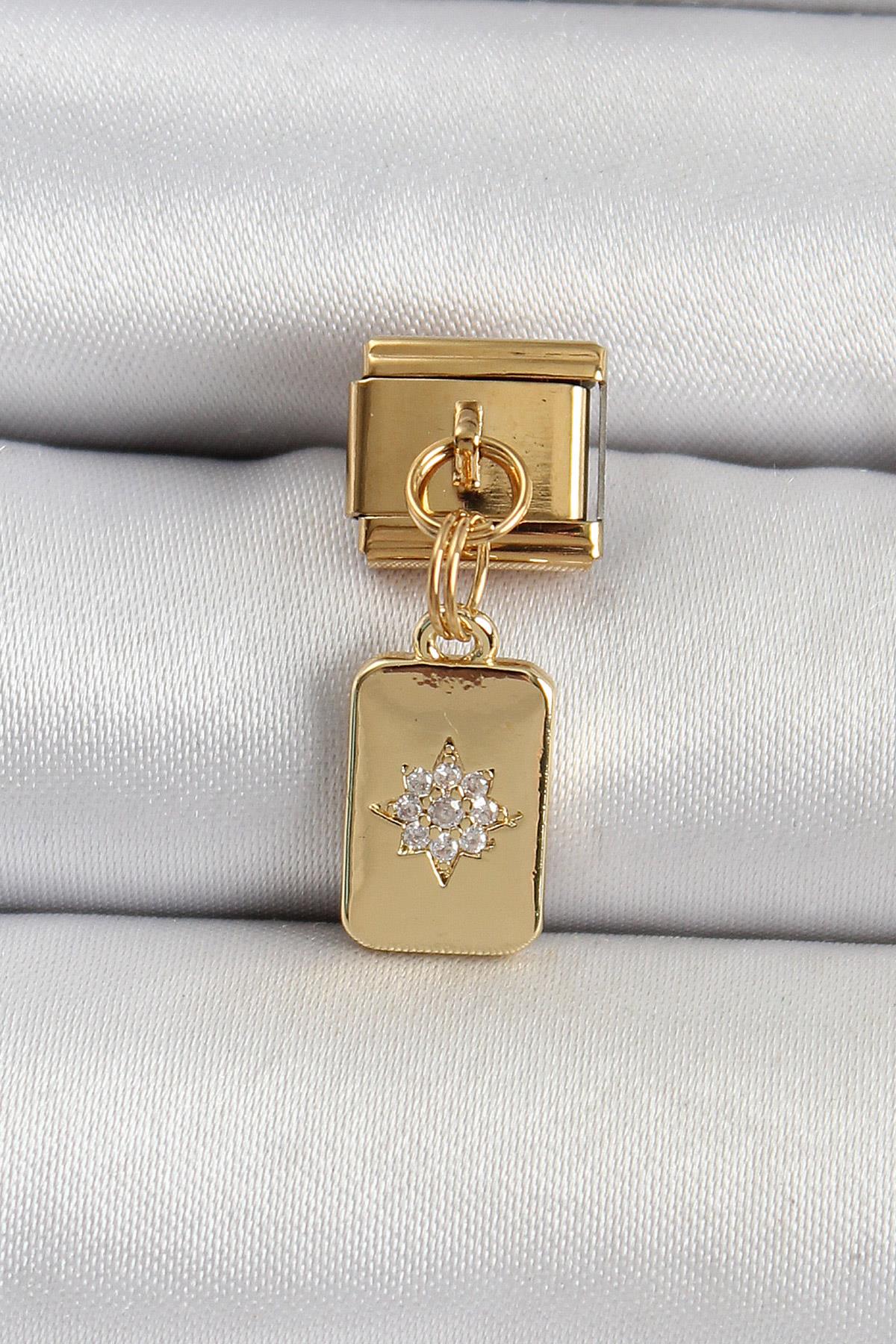 316L Çelik Sallantılı Zirkon Taşlı Kutup Yıldızı Figürlü Dikdörtgen Model Gold Renk Nomination Charm