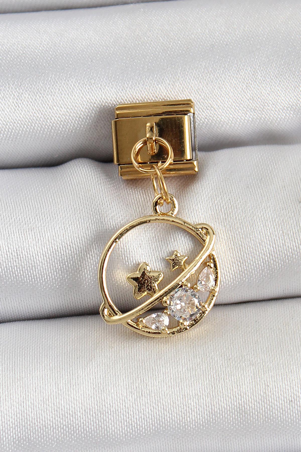 316L Çelik Sallantılı Zirkon Taşlı Satürn Model Gold Renk Nomination Charm
