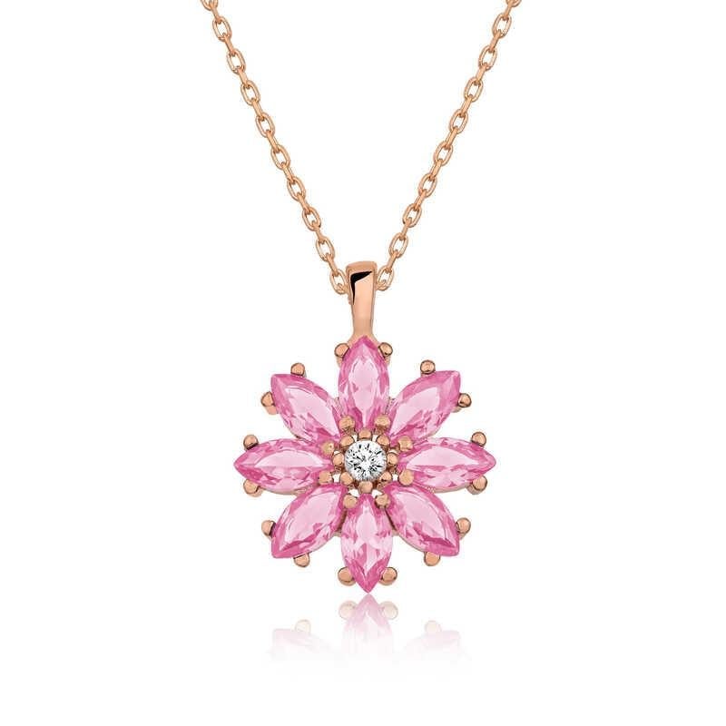 Gümüş Rose Pembe Çiçek Kolye