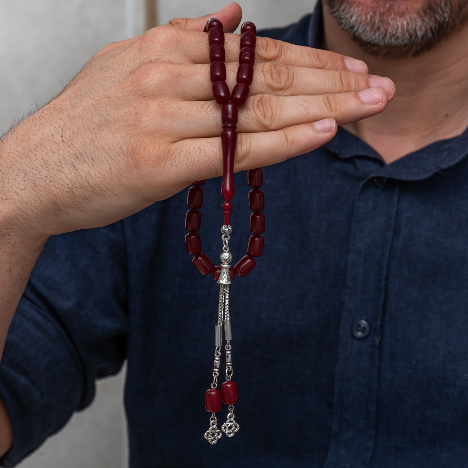 Metal Püsküllü Kapsül Kesim Bordo Sıkma Kehribar Tesbih