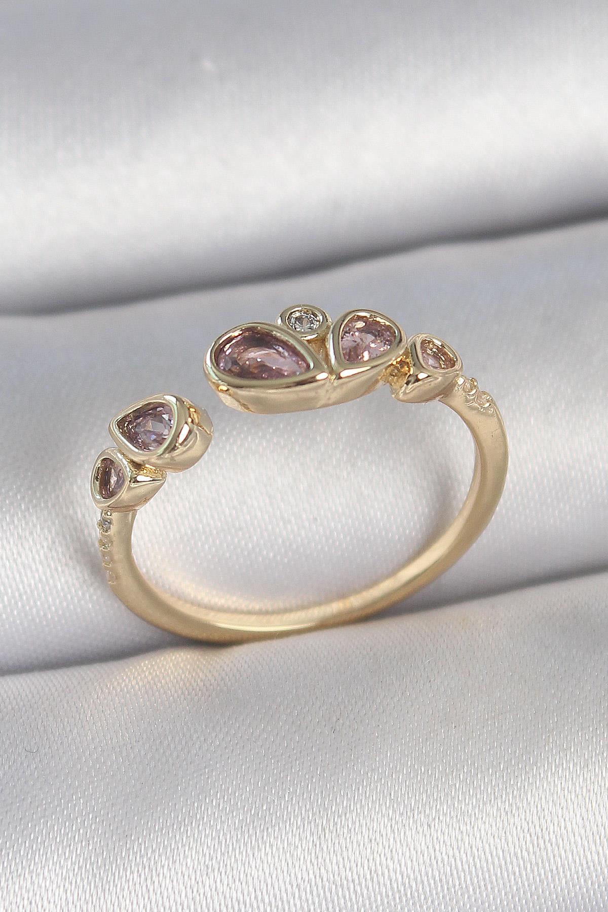 Pirinç Gold Renk Pembe Damla Zirkon Taşlı Ayarlanabilir Kadın Yüzük