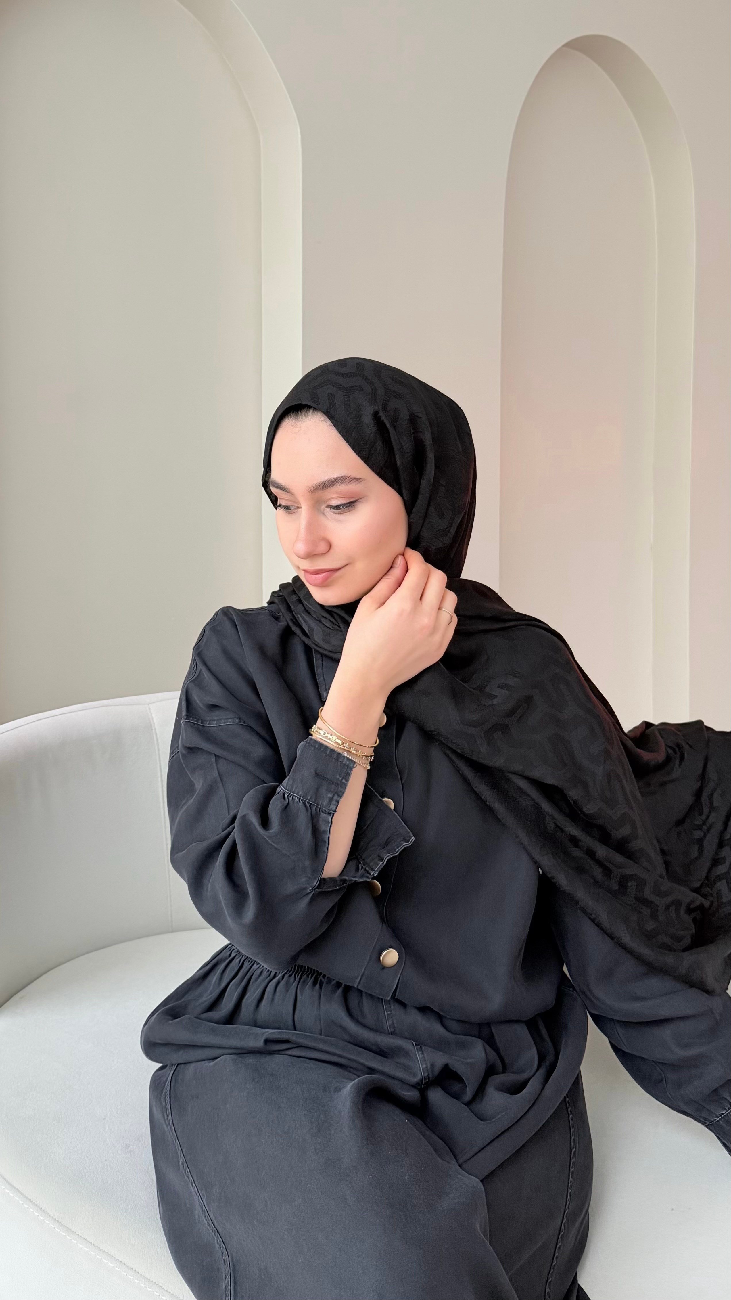 Elsa Shine İpeksi Pamuk Jakar Şal - Siyah