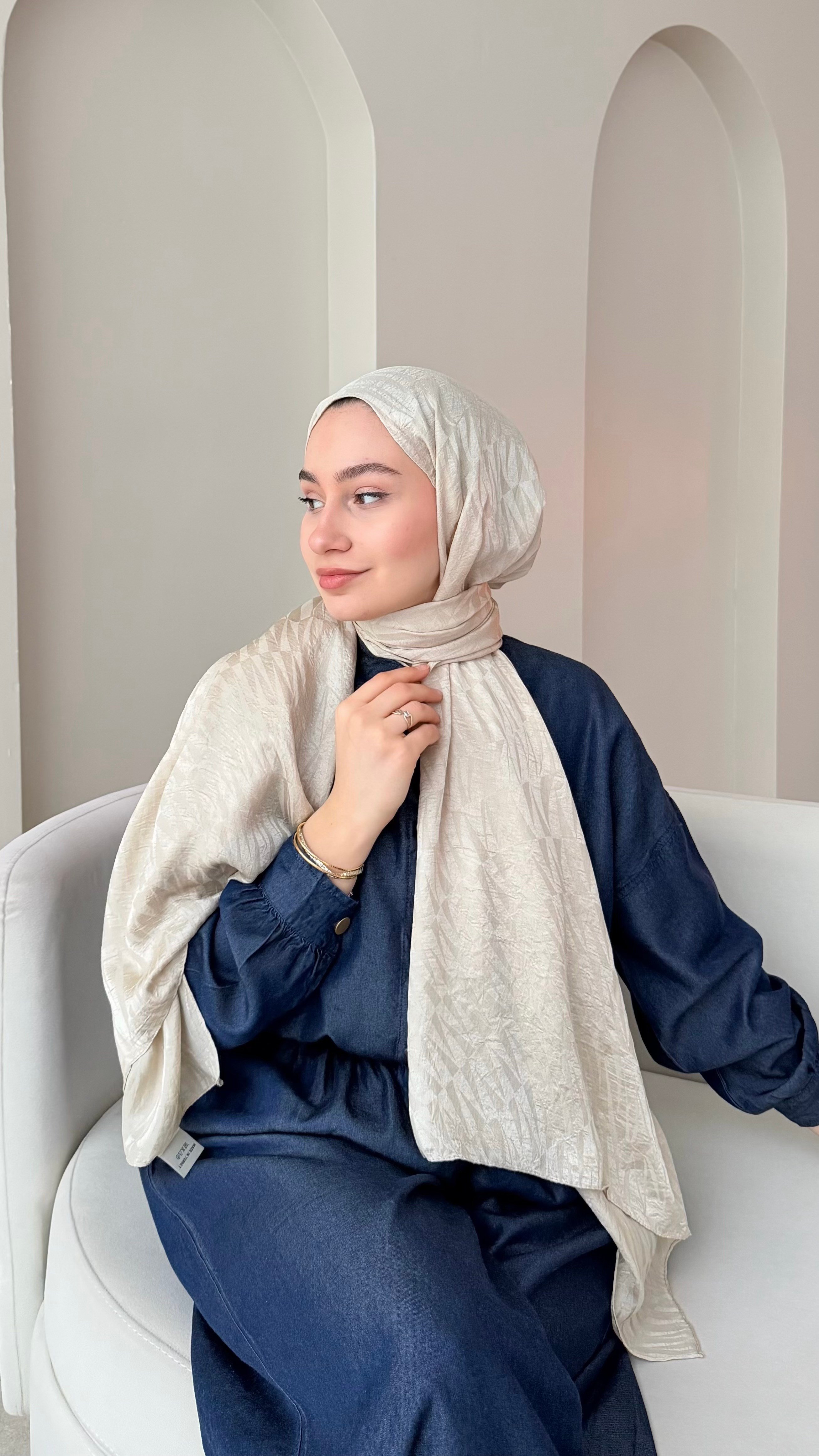 Feriha İpeksi Pamuk Jakar Şal - Bej