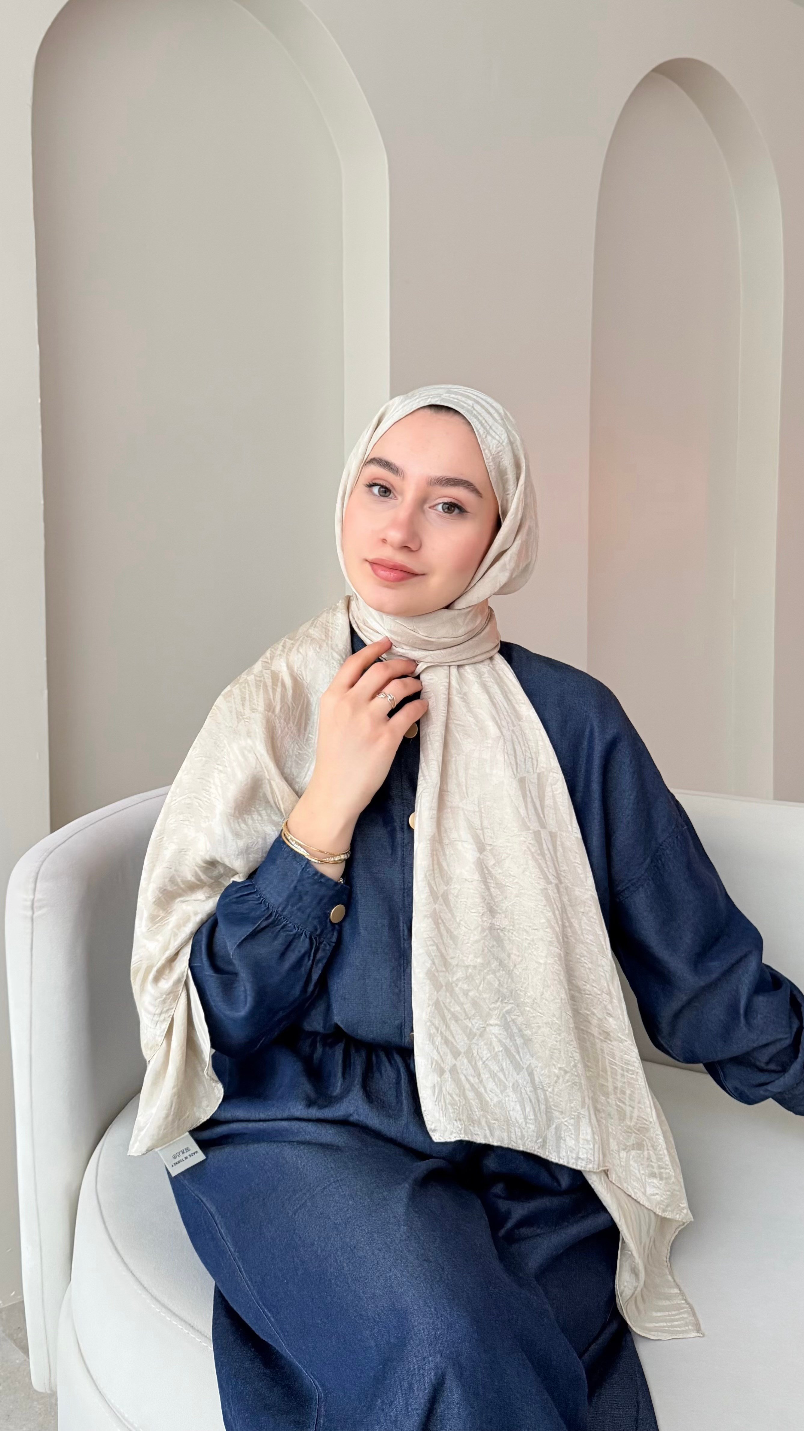 Feriha İpeksi Pamuk Jakar Şal - Bej