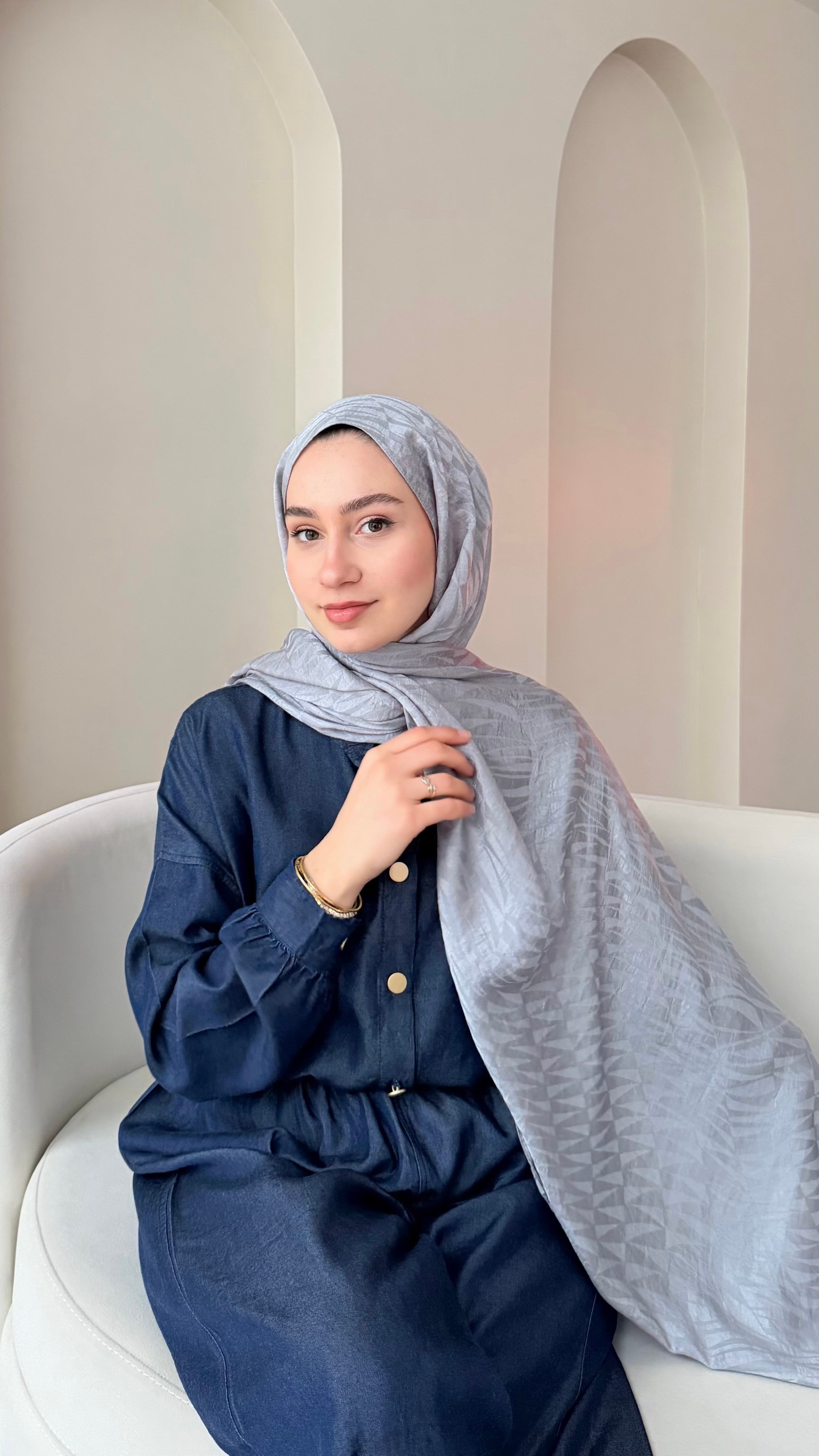 Feriha İpeksi Pamuk Jakar Şal - Blue Gri
