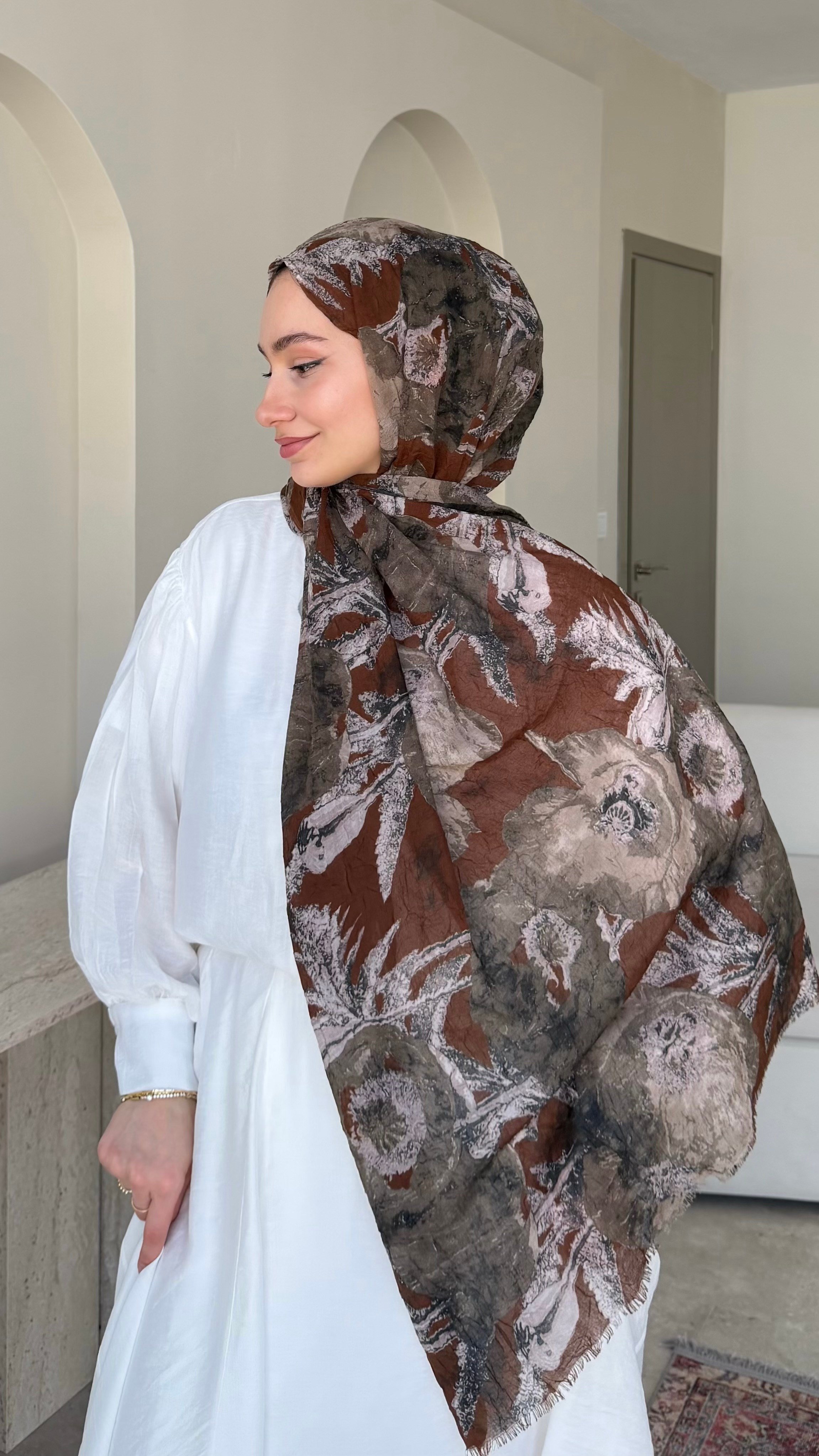 Flora Comfort Kraş Şal - Kahve & Vizon