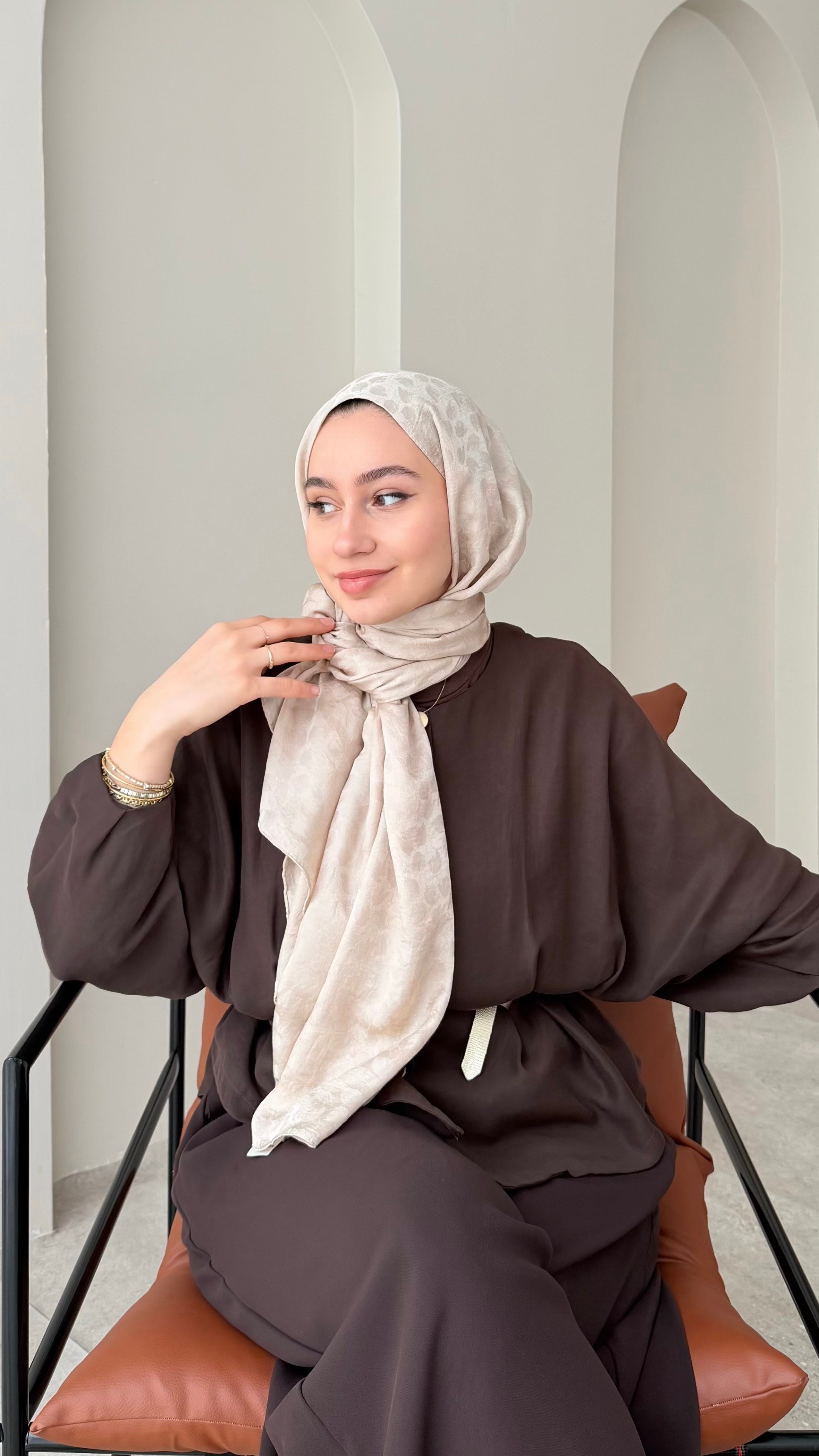 Liza İpeksi Pamuk Jakar Şal - Koyu Bej