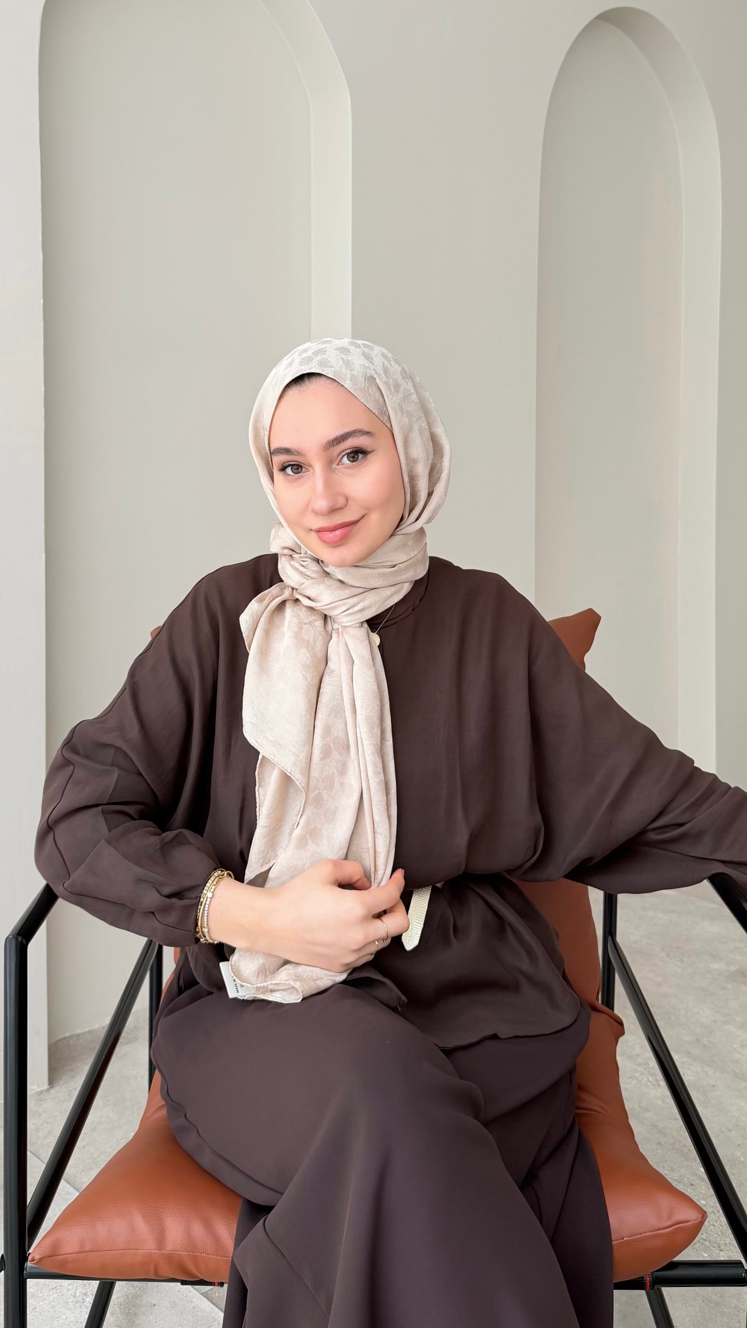 Liza İpeksi Pamuk Jakar Şal - Koyu Bej