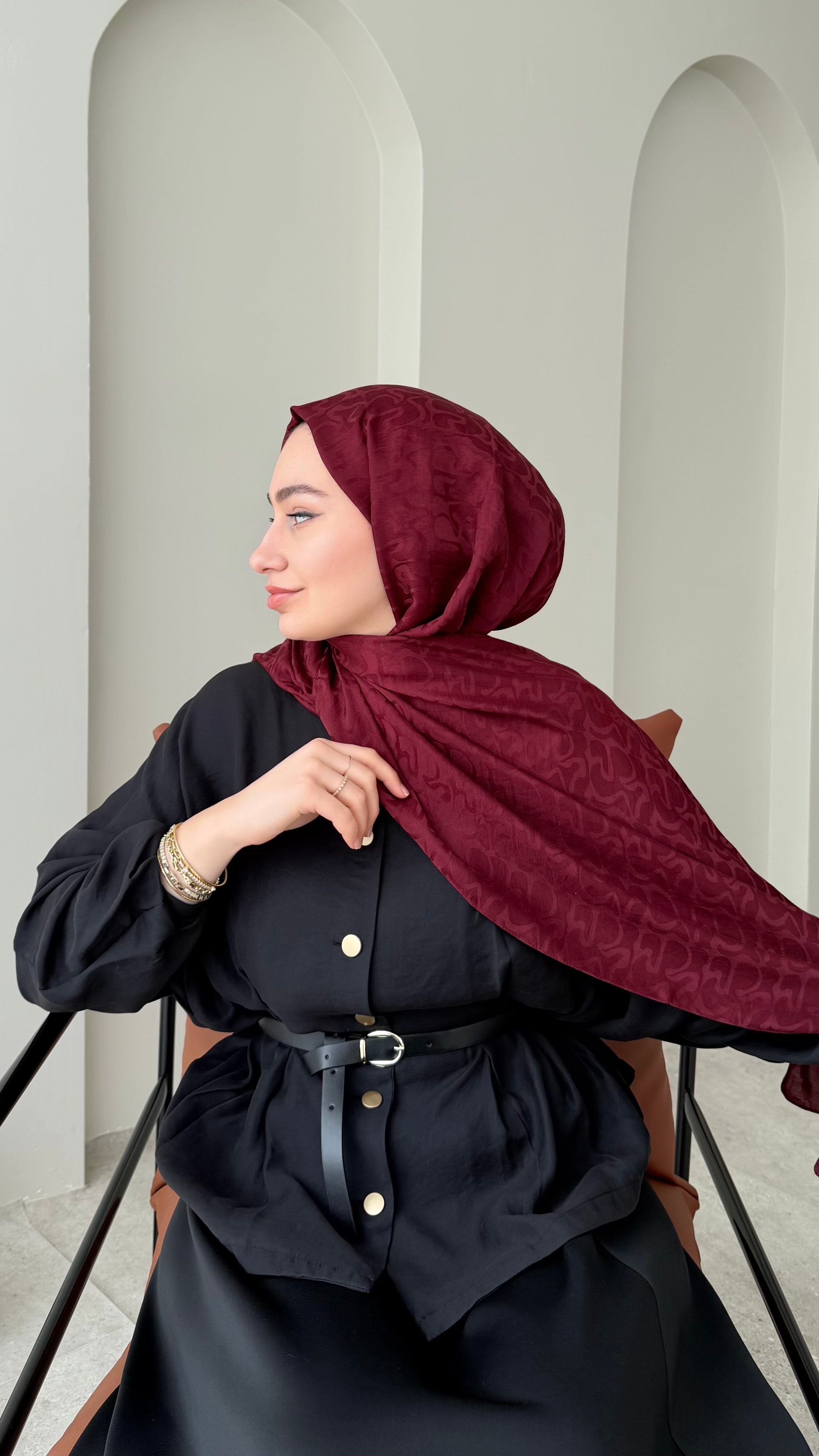 Mana İpeksi Pamuk Jakar Şal - Bordo