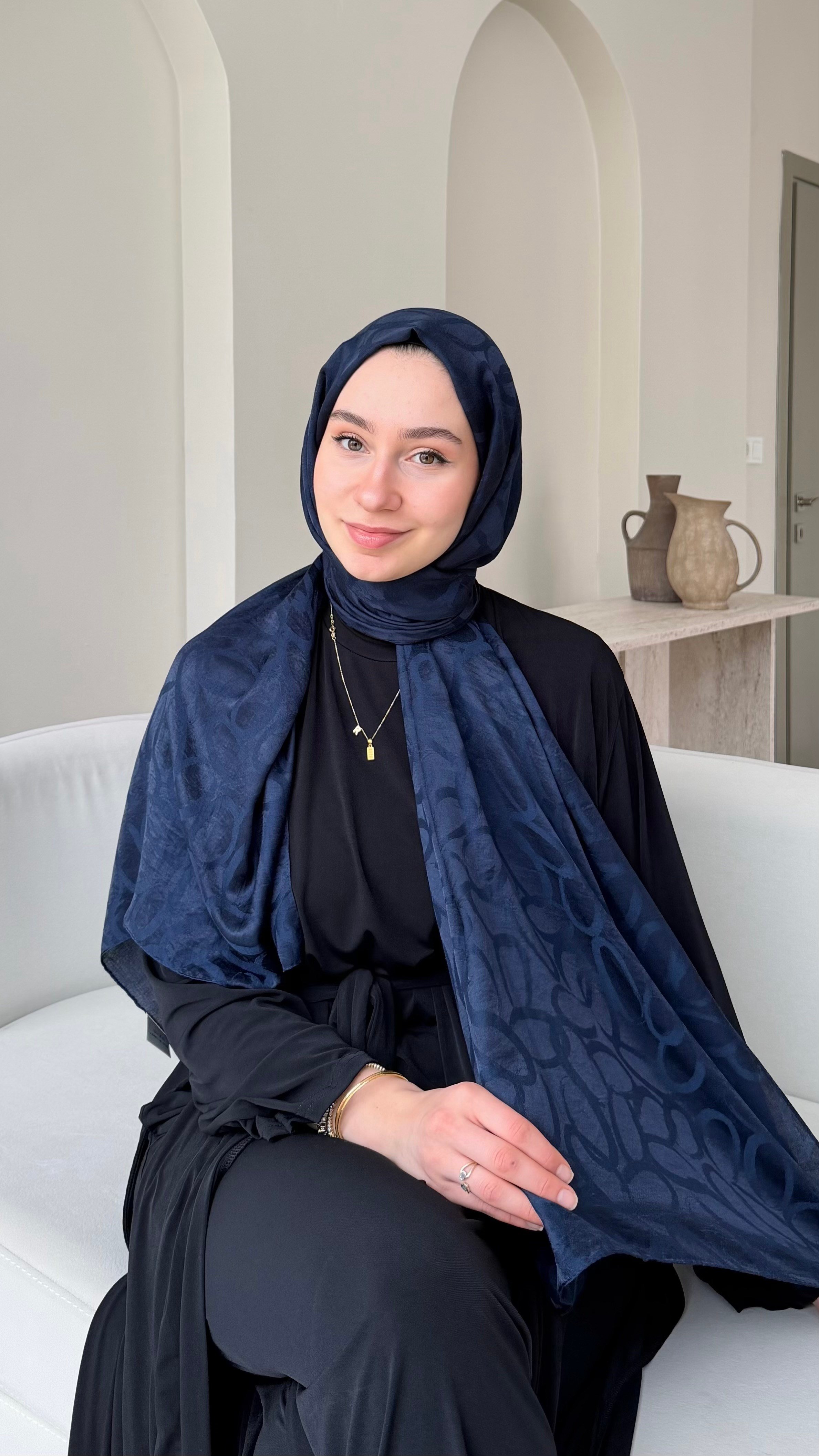 Melin İpeksi Pamuk Jakar Şal - Lacivert