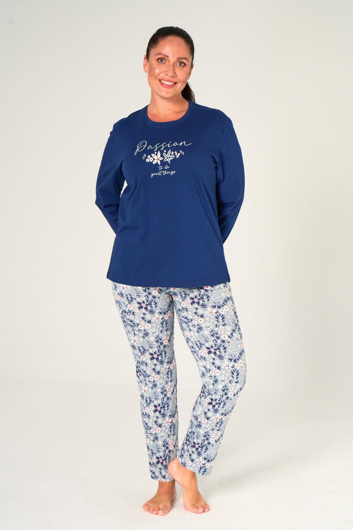 Büyük Beden Kadın Lacivert Uzun Kollu %100 Pamuk Pijama Takımı Rahat ve Yumuşak Dokulu